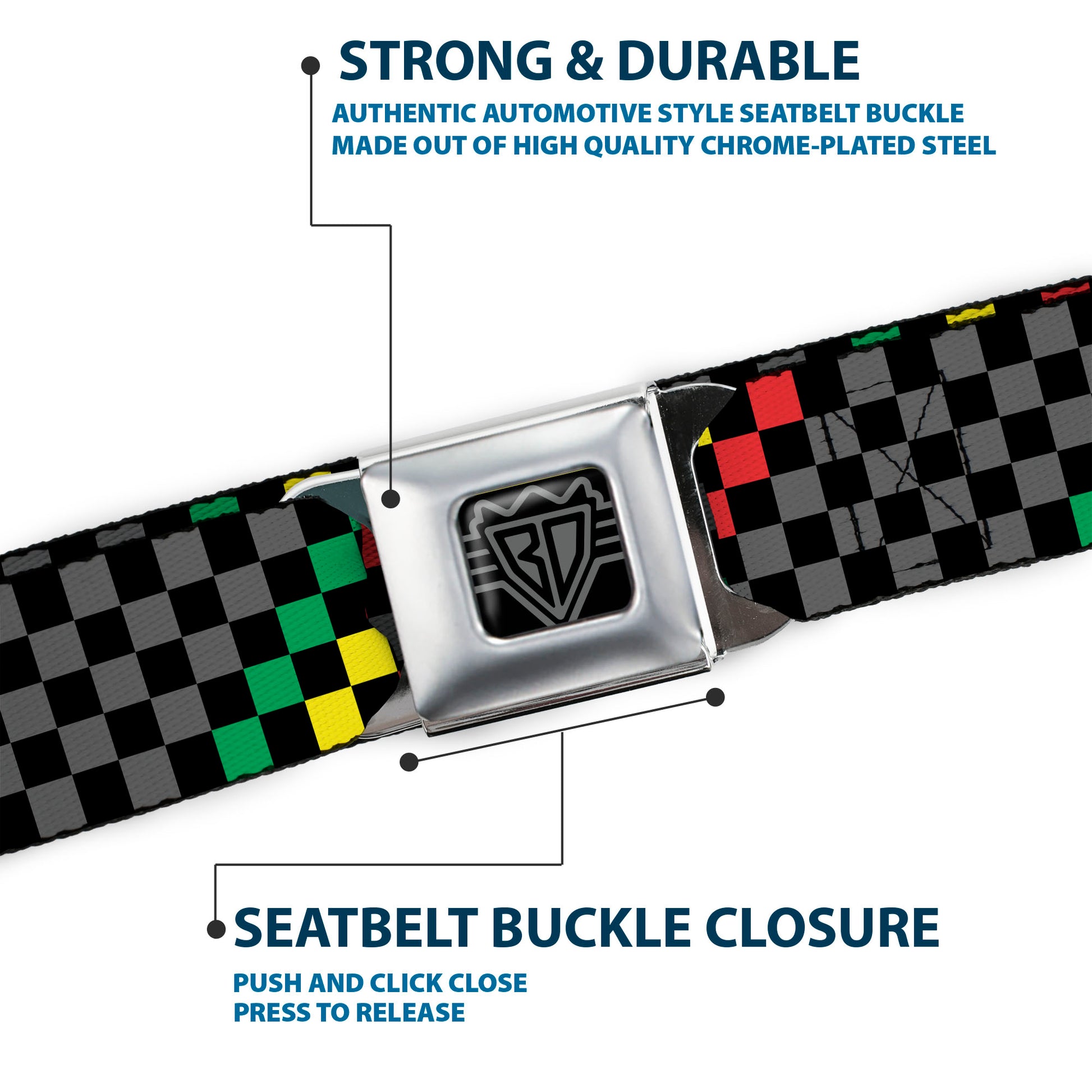 BD Wings Logo CLOSE-UP Full Color Black Silver Seatbelt Belt - Checker Stripe Black/Gray/Rasta Webbing Seatbelt Belts Buckle-Down