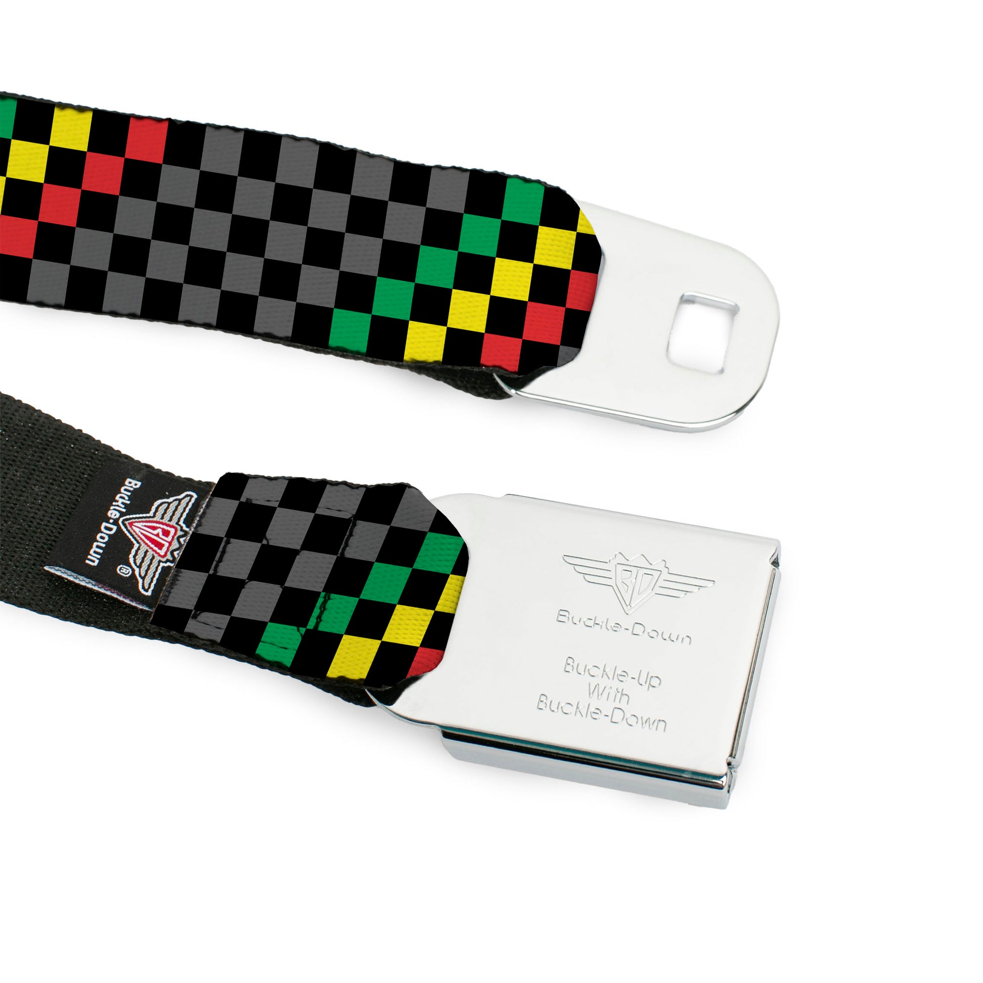 BD Wings Logo CLOSE-UP Full Color Black Silver Seatbelt Belt - Checker Stripe Black/Gray/Rasta Webbing Seatbelt Belts Buckle-Down