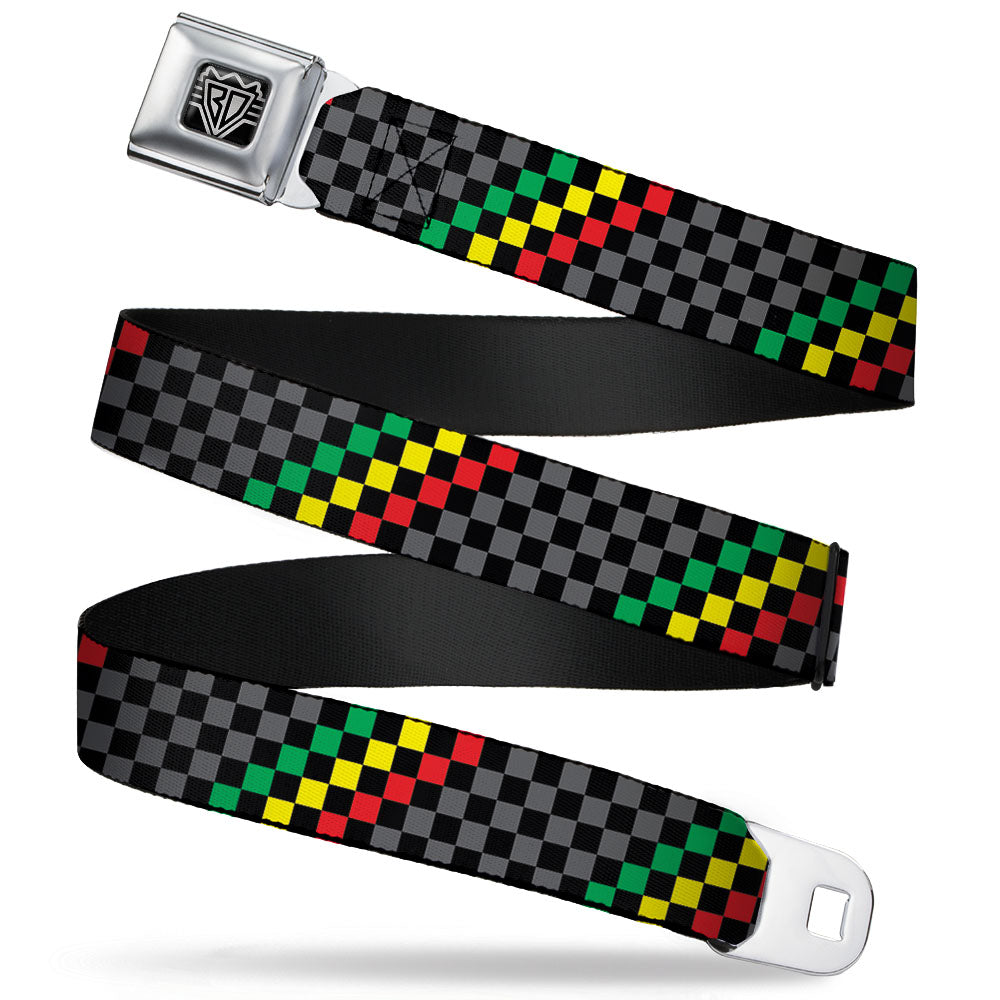 BD Wings Logo CLOSE-UP Full Color Black Silver Seatbelt Belt - Checker Stripe Black/Gray/Rasta Webbing Seatbelt Belts Buckle-Down