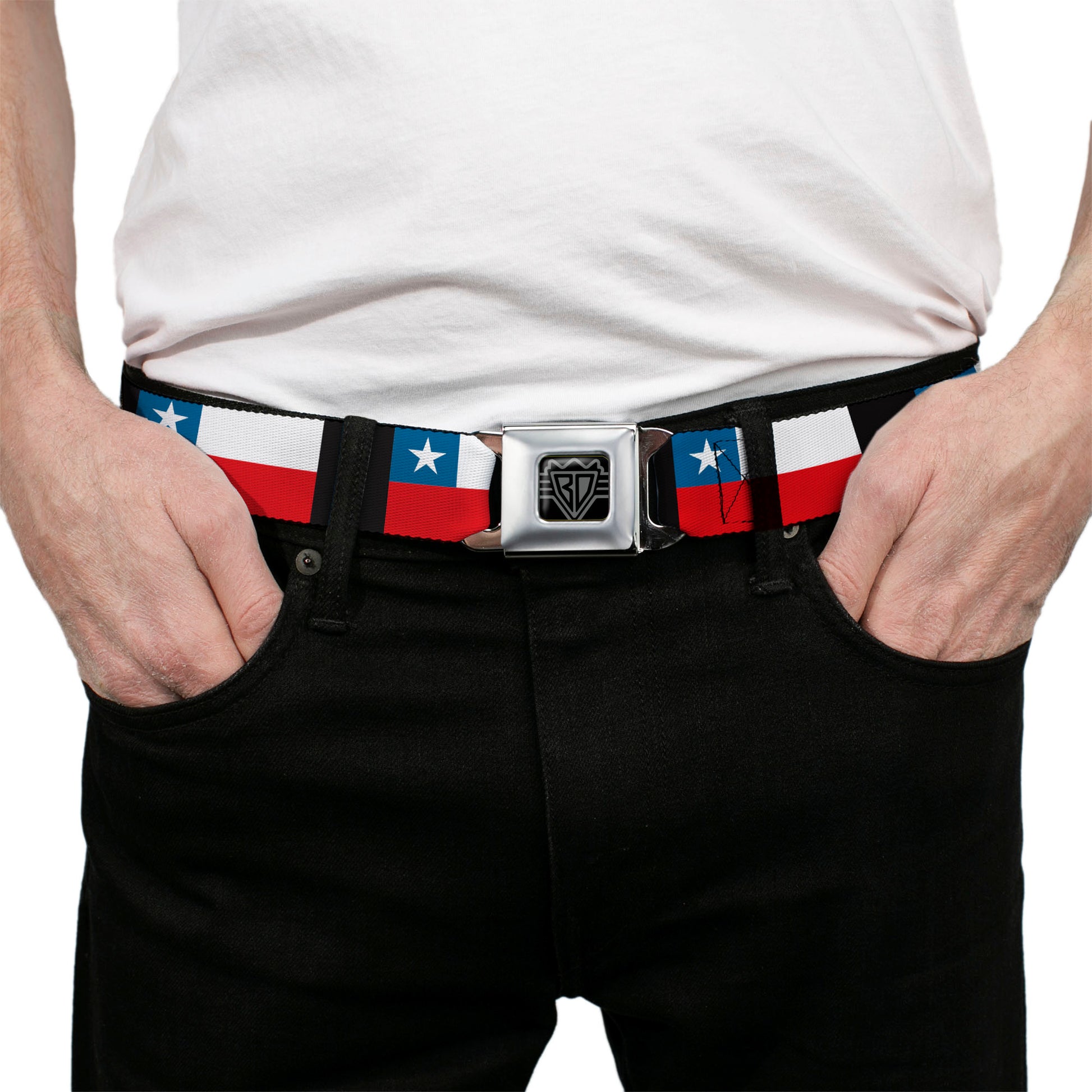 BD Wings Logo CLOSE-UP Full Color Black Silver Seatbelt Belt - Chile Flags Webbing Seatbelt Belts Buckle-Down