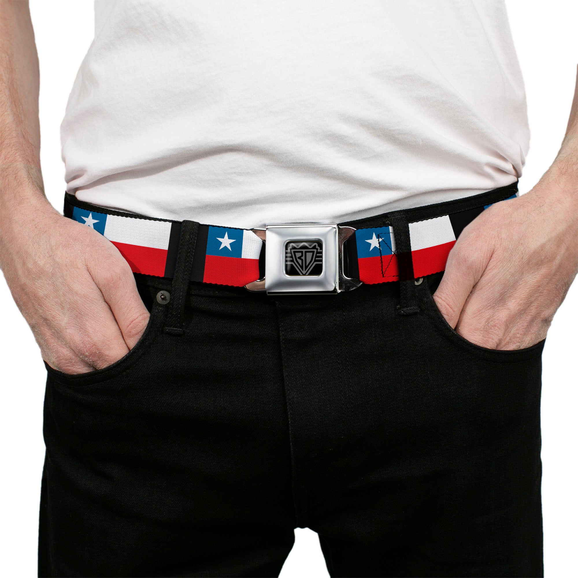 BD Wings Logo CLOSE-UP Full Color Black Silver Seatbelt Belt - Chile Flags Webbing Seatbelt Belts Buckle-Down
