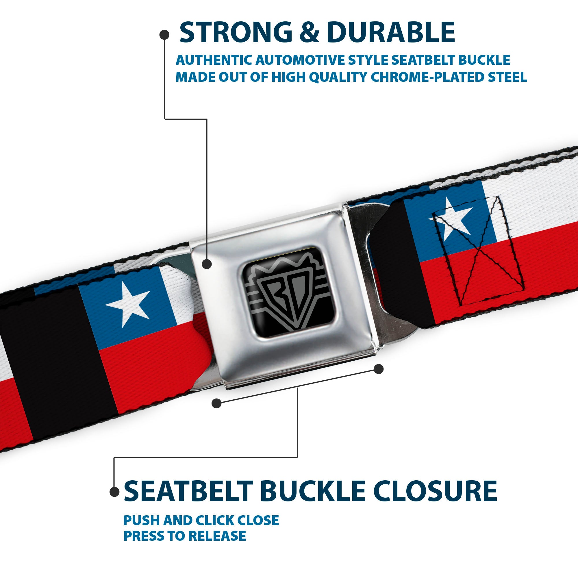 BD Wings Logo CLOSE-UP Full Color Black Silver Seatbelt Belt - Chile Flags Webbing Seatbelt Belts Buckle-Down
