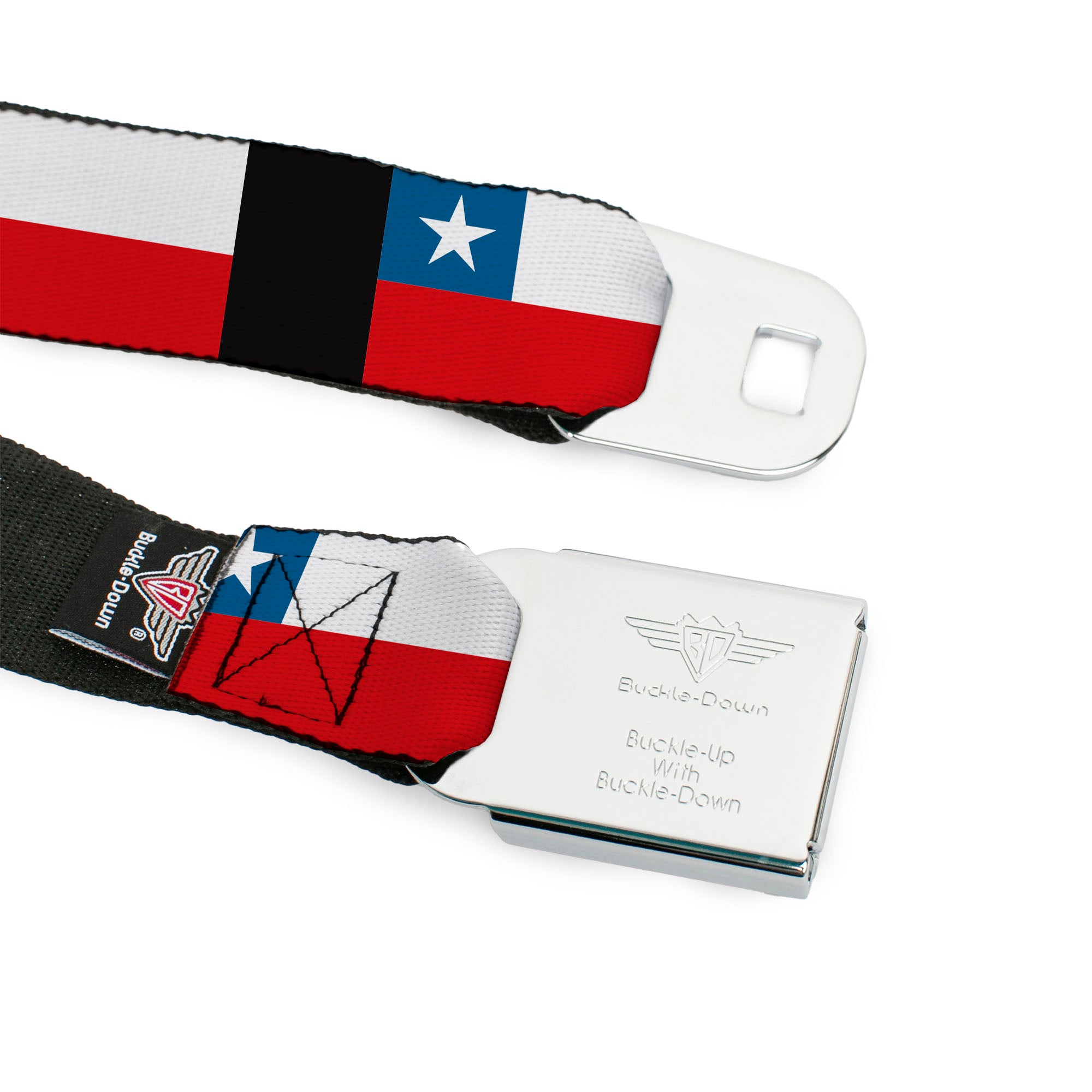BD Wings Logo CLOSE-UP Full Color Black Silver Seatbelt Belt - Chile Flags Webbing Seatbelt Belts Buckle-Down
