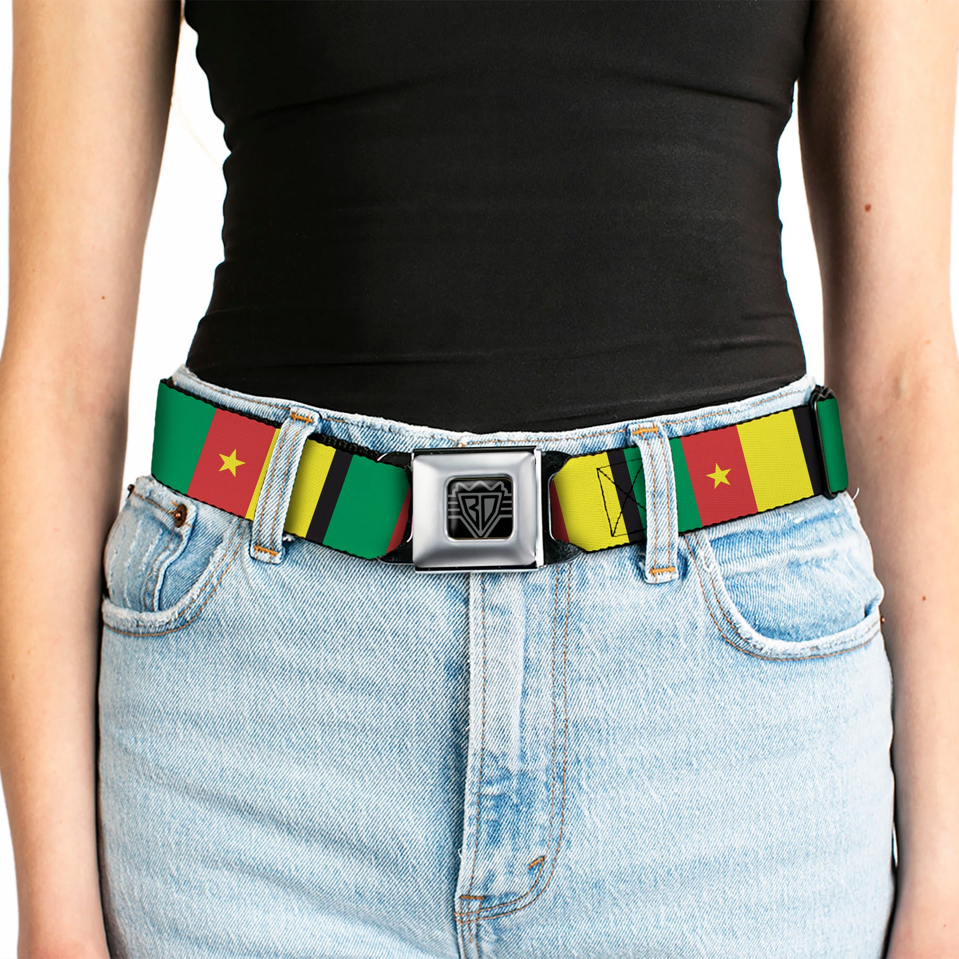 BD Wings Logo CLOSE-UP Full Color Black Silver Seatbelt Belt - Cameroon Flags Webbing Seatbelt Belts Buckle-Down