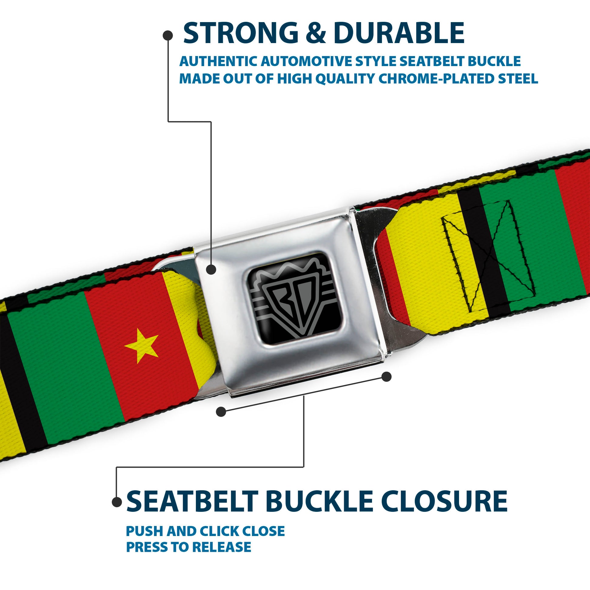 BD Wings Logo CLOSE-UP Full Color Black Silver Seatbelt Belt - Cameroon Flags Webbing Seatbelt Belts Buckle-Down