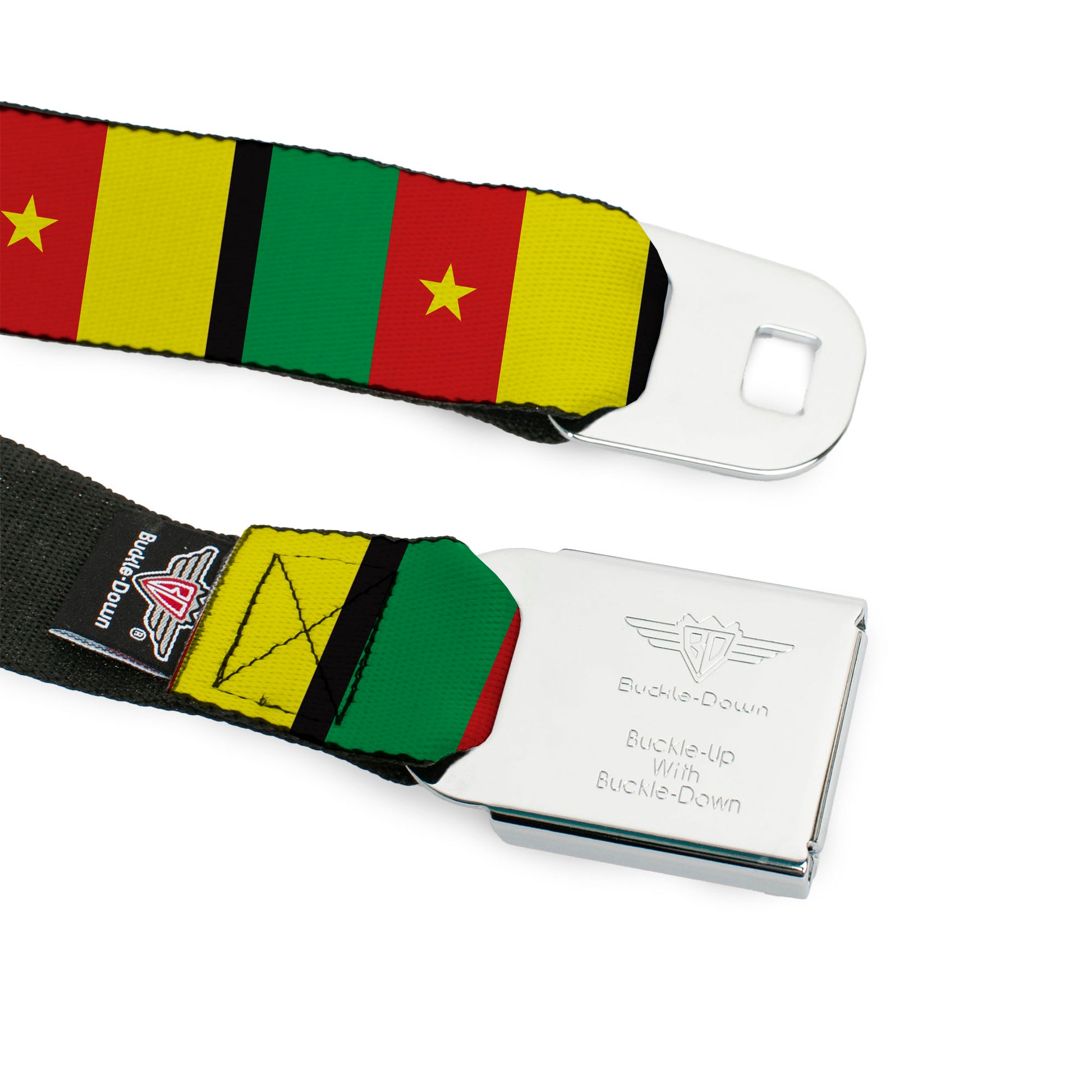 BD Wings Logo CLOSE-UP Full Color Black Silver Seatbelt Belt - Cameroon Flags Webbing Seatbelt Belts Buckle-Down