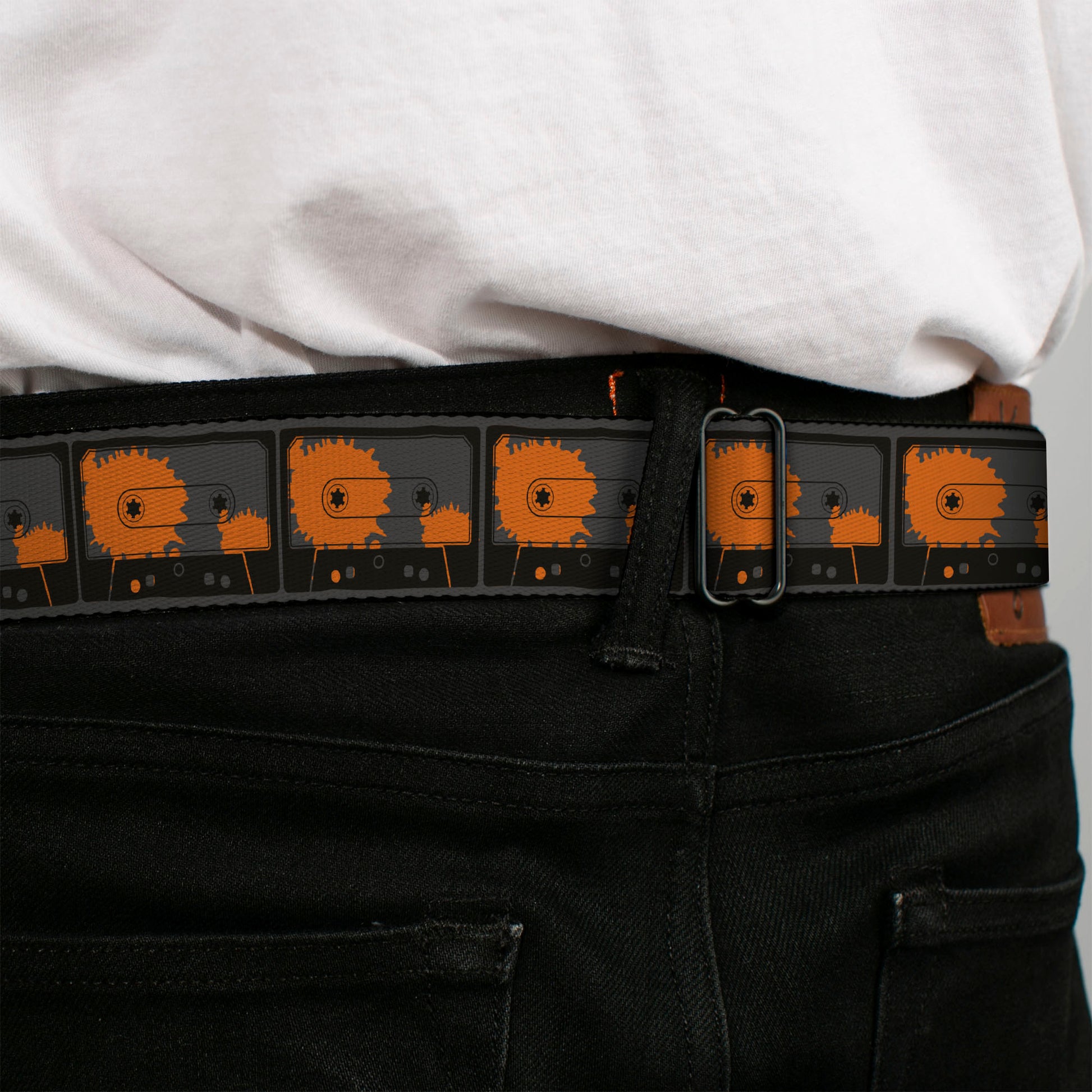 BD Wings Logo CLOSE-UP Full Color Black Silver Seatbelt Belt - Cassette Splatter Gray/Orange Webbing Seatbelt Belts Buckle-Down