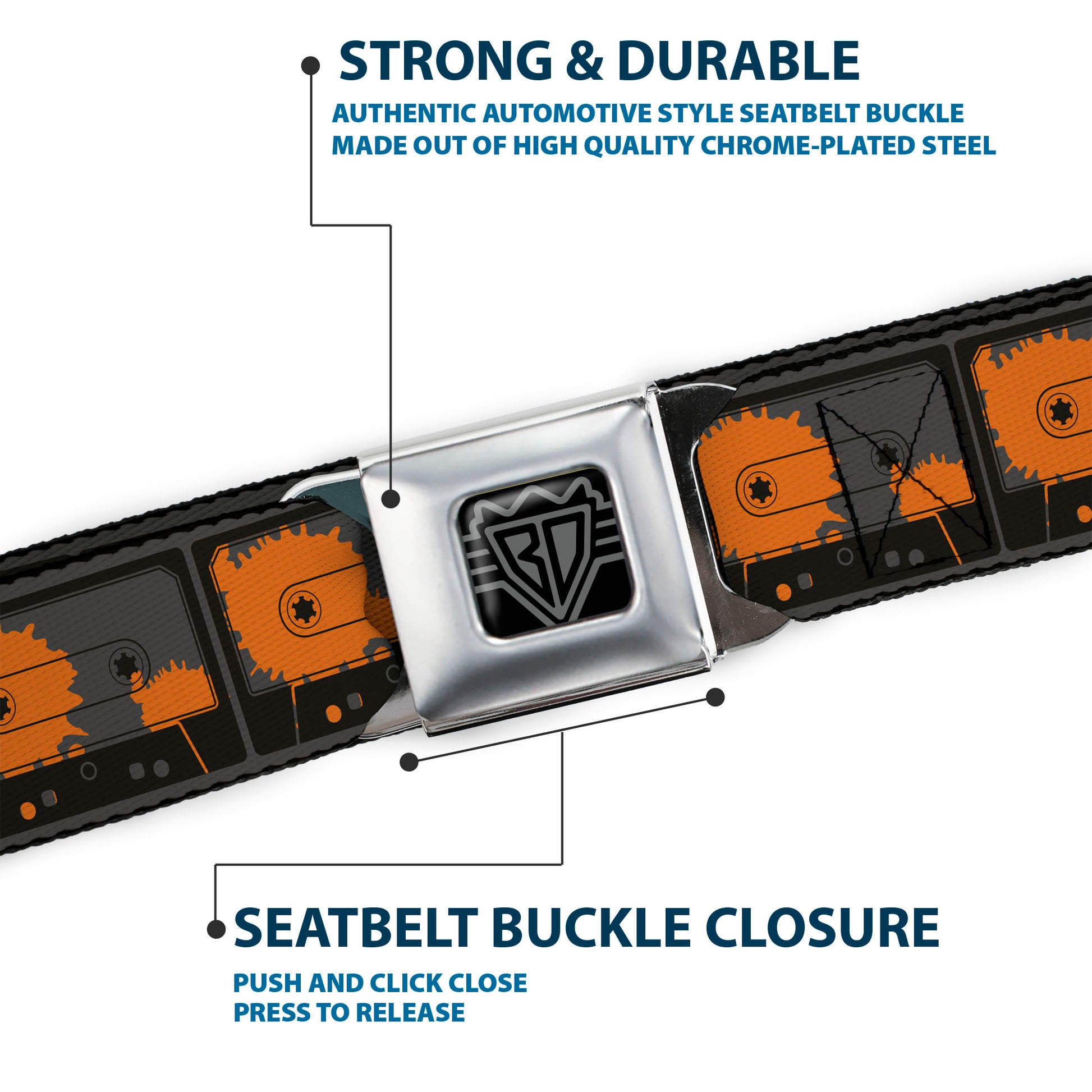 BD Wings Logo CLOSE-UP Full Color Black Silver Seatbelt Belt - Cassette Splatter Gray/Orange Webbing Seatbelt Belts Buckle-Down