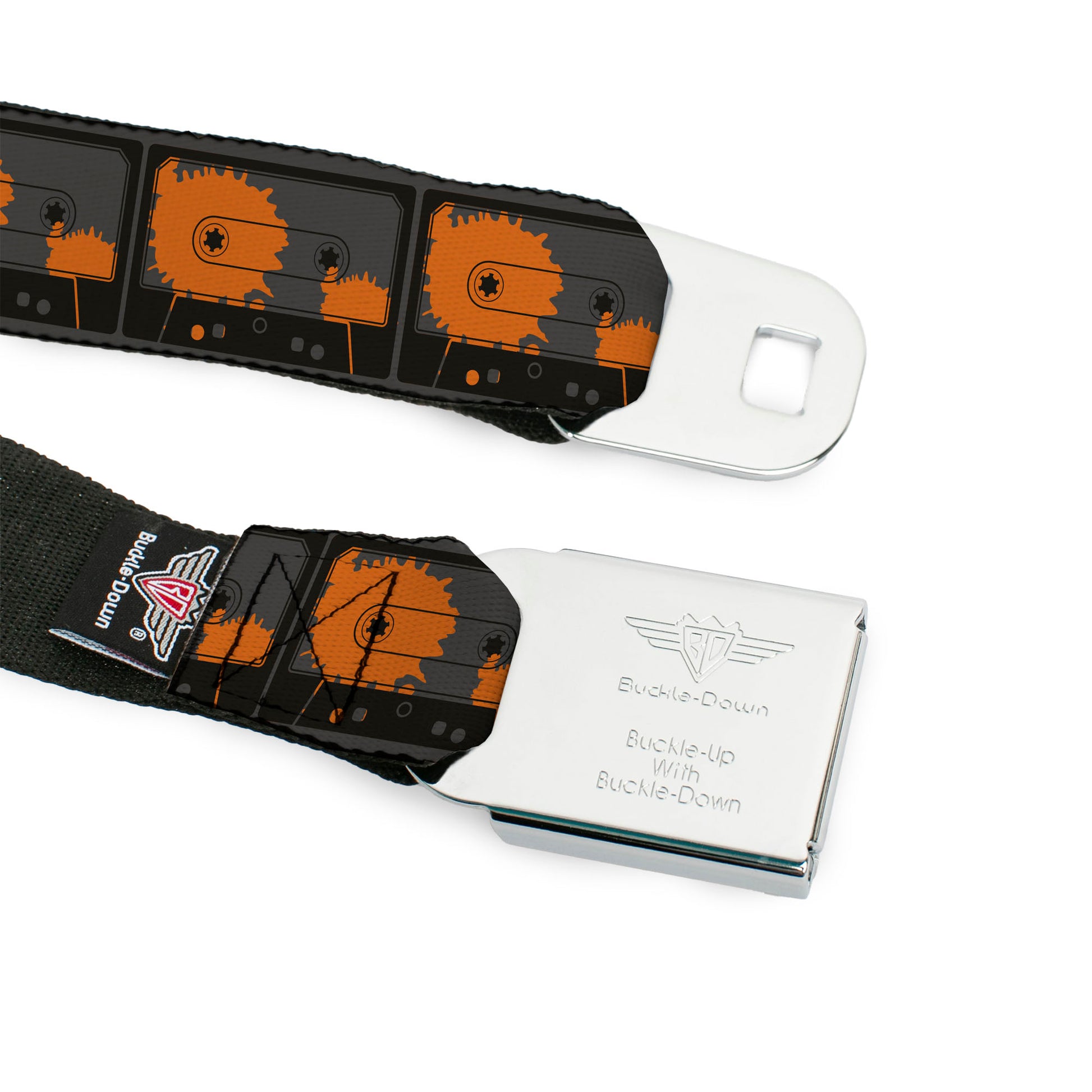 BD Wings Logo CLOSE-UP Full Color Black Silver Seatbelt Belt - Cassette Splatter Gray/Orange Webbing Seatbelt Belts Buckle-Down
