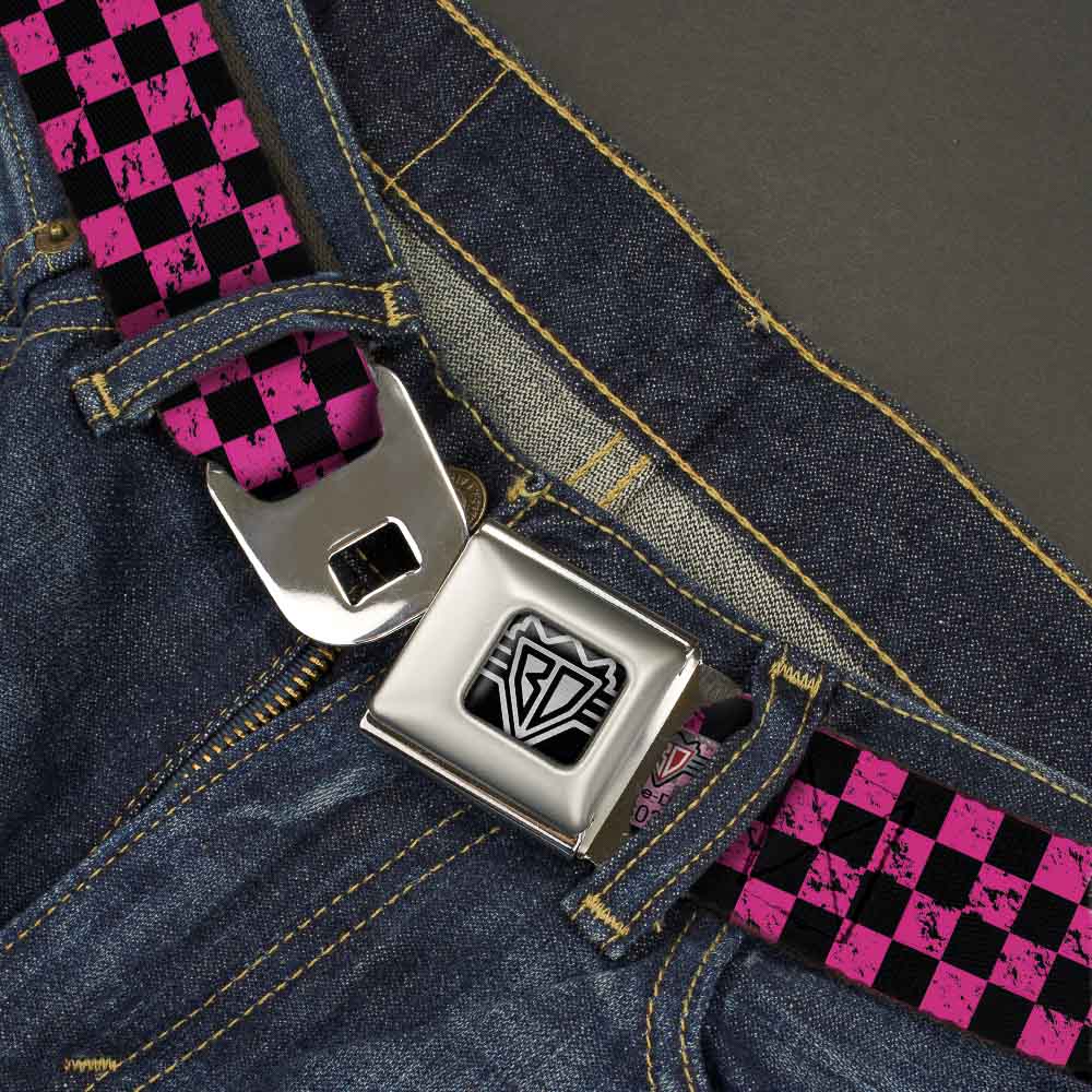BD Wings Logo CLOSE-UP Full Color Black Silver Seatbelt Belt - Checker Weathered Black/Neon Pink Webbing Seatbelt Belts Buckle-Down
