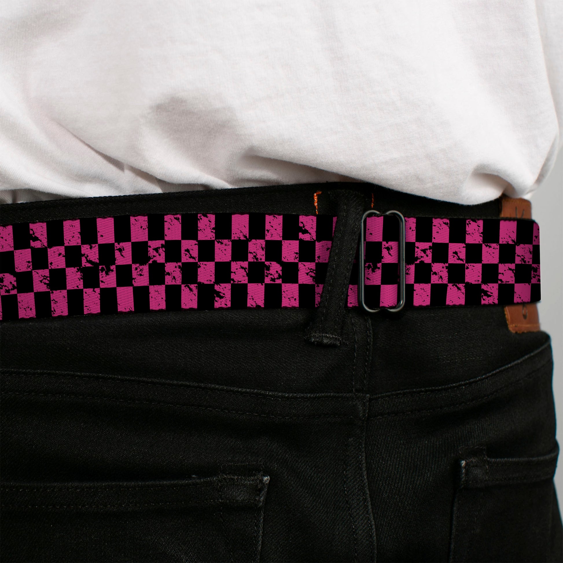 BD Wings Logo CLOSE-UP Full Color Black Silver Seatbelt Belt - Checker Weathered Black/Neon Pink Webbing Seatbelt Belts Buckle-Down