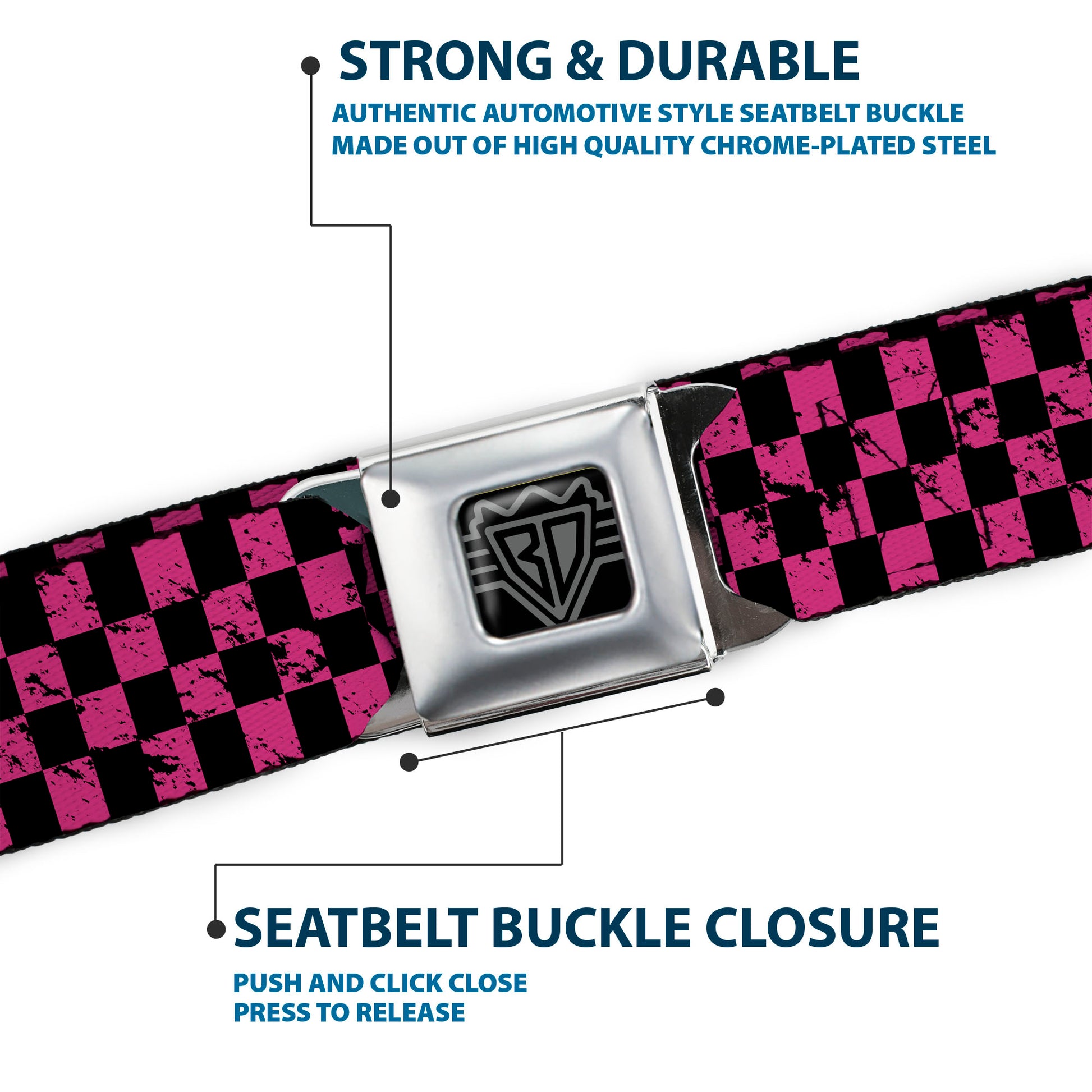 BD Wings Logo CLOSE-UP Full Color Black Silver Seatbelt Belt - Checker Weathered Black/Neon Pink Webbing Seatbelt Belts Buckle-Down