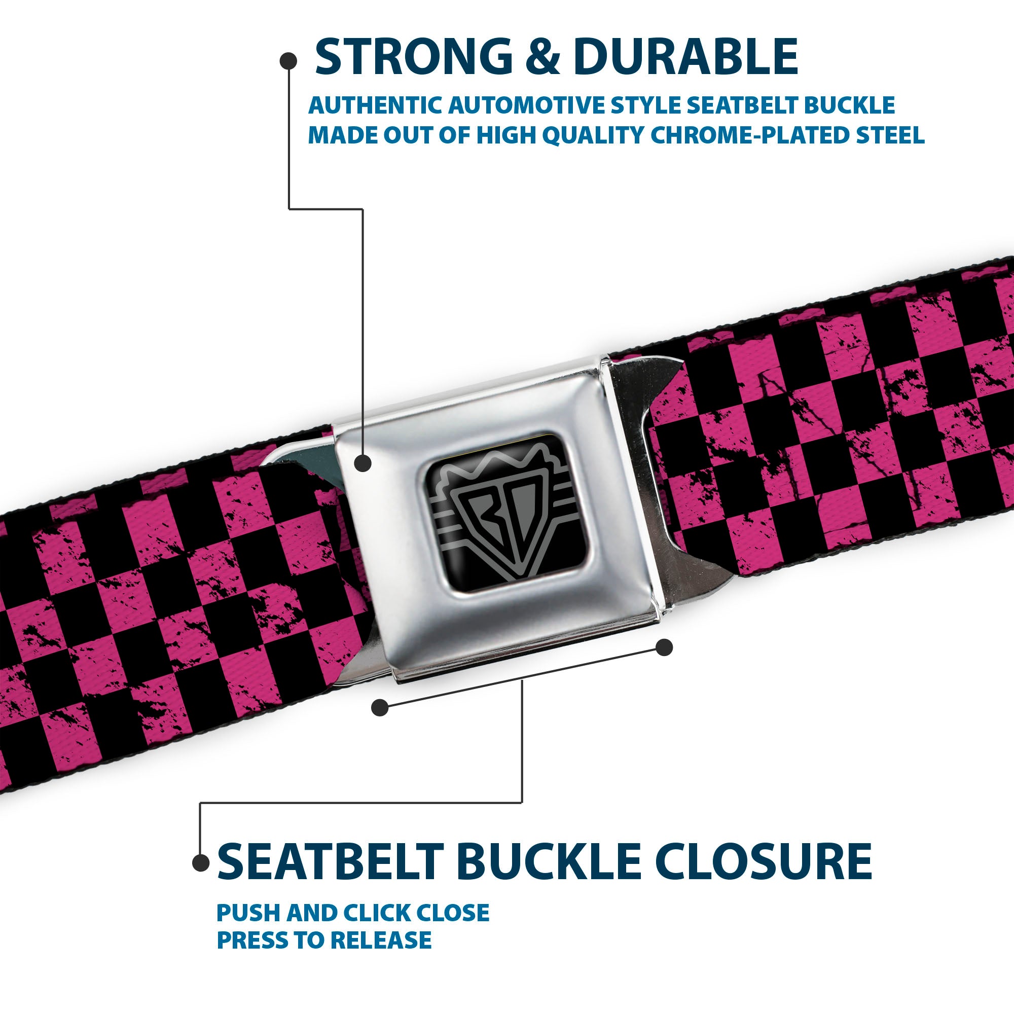 BD Wings Logo CLOSE-UP Full Color Black Silver Seatbelt Belt - Checker Weathered Black/Neon Pink Webbing Seatbelt Belts Buckle-Down
