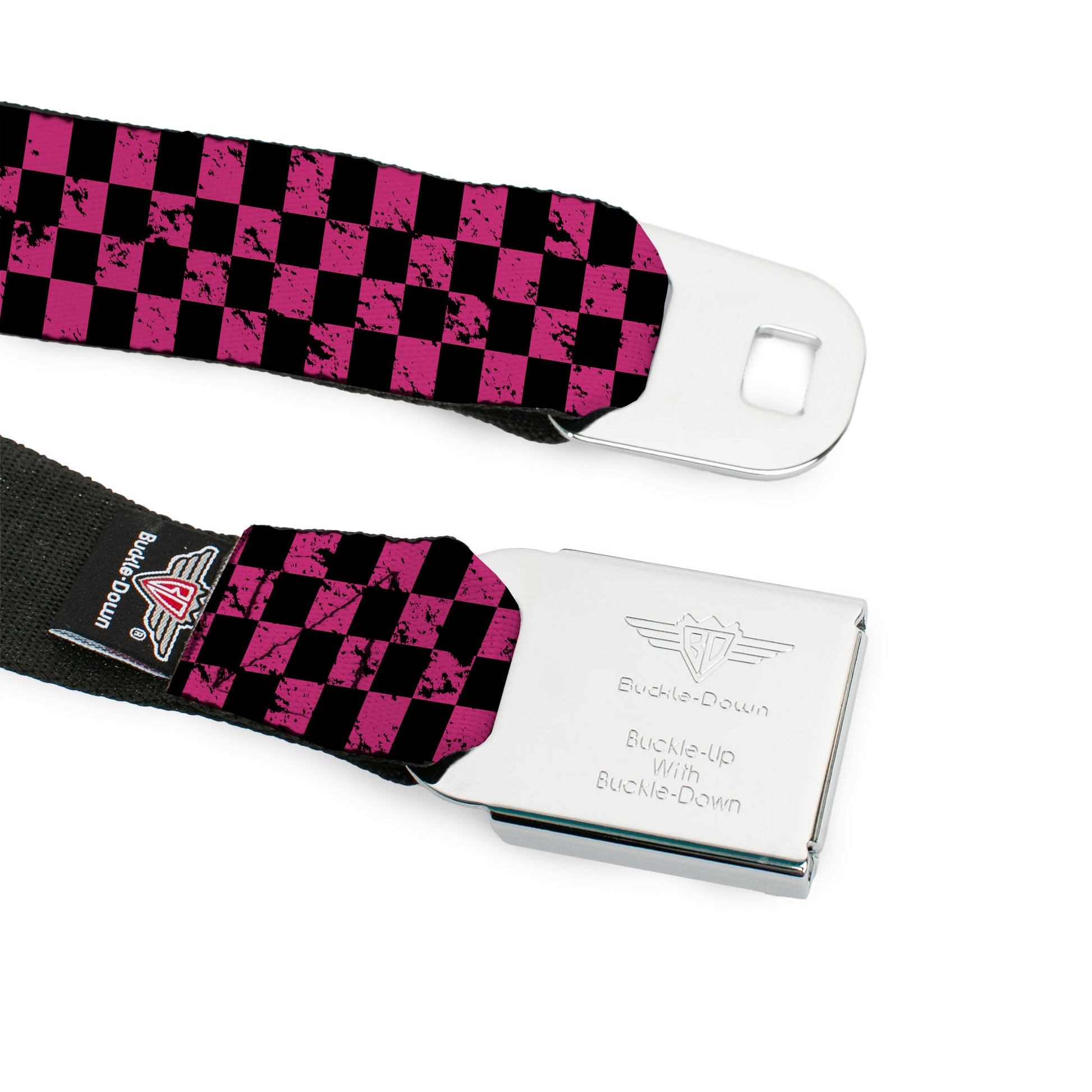 BD Wings Logo CLOSE-UP Full Color Black Silver Seatbelt Belt - Checker Weathered Black/Neon Pink Webbing Seatbelt Belts Buckle-Down
