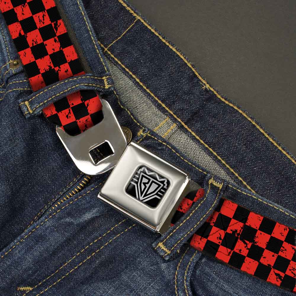 BD Wings Logo CLOSE-UP Full Color Black Silver Seatbelt Belt - Checker Weathered Black/Red Webbing Seatbelt Belts Buckle-Down