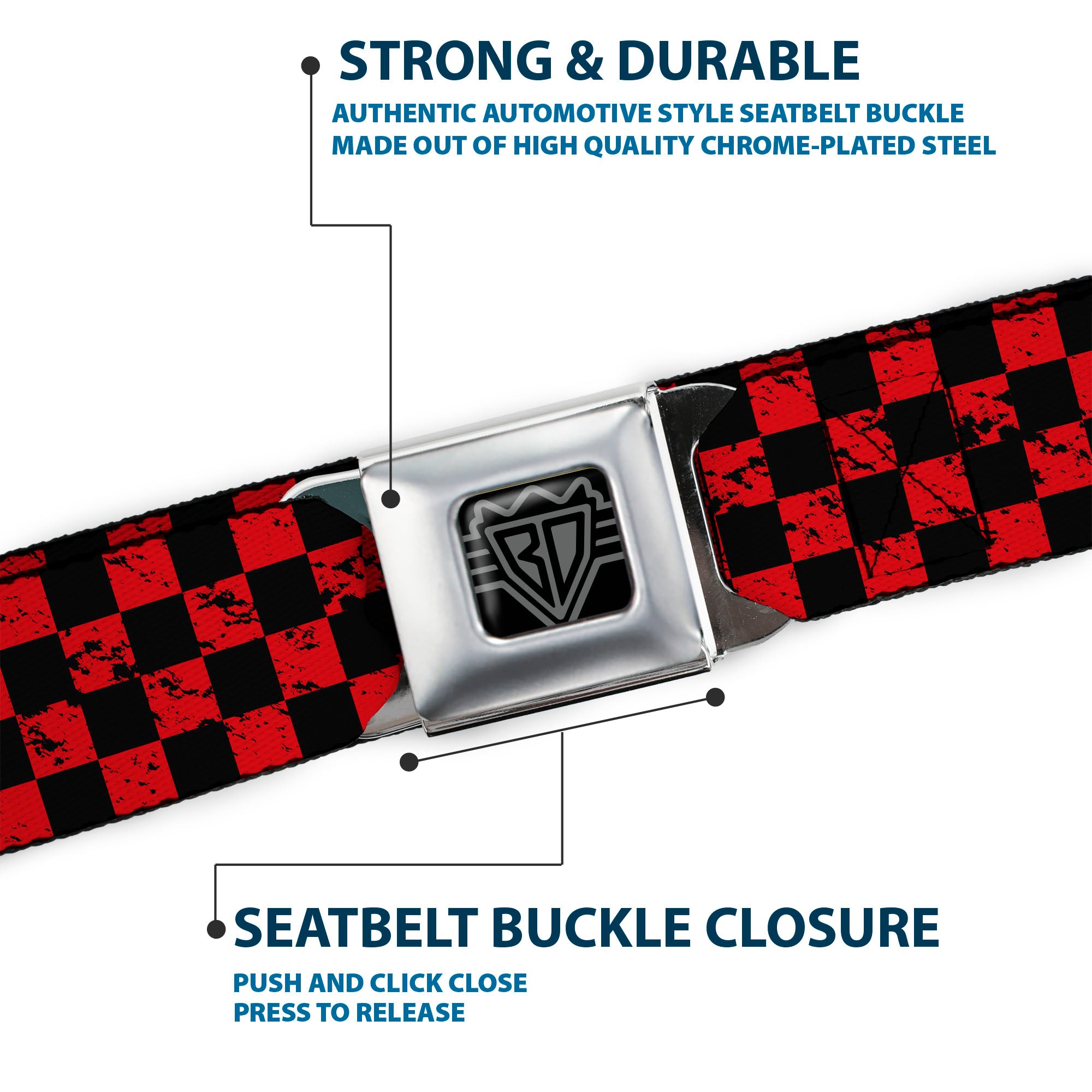 BD Wings Logo CLOSE-UP Full Color Black Silver Seatbelt Belt - Checker Weathered Black/Red Webbing Seatbelt Belts Buckle-Down