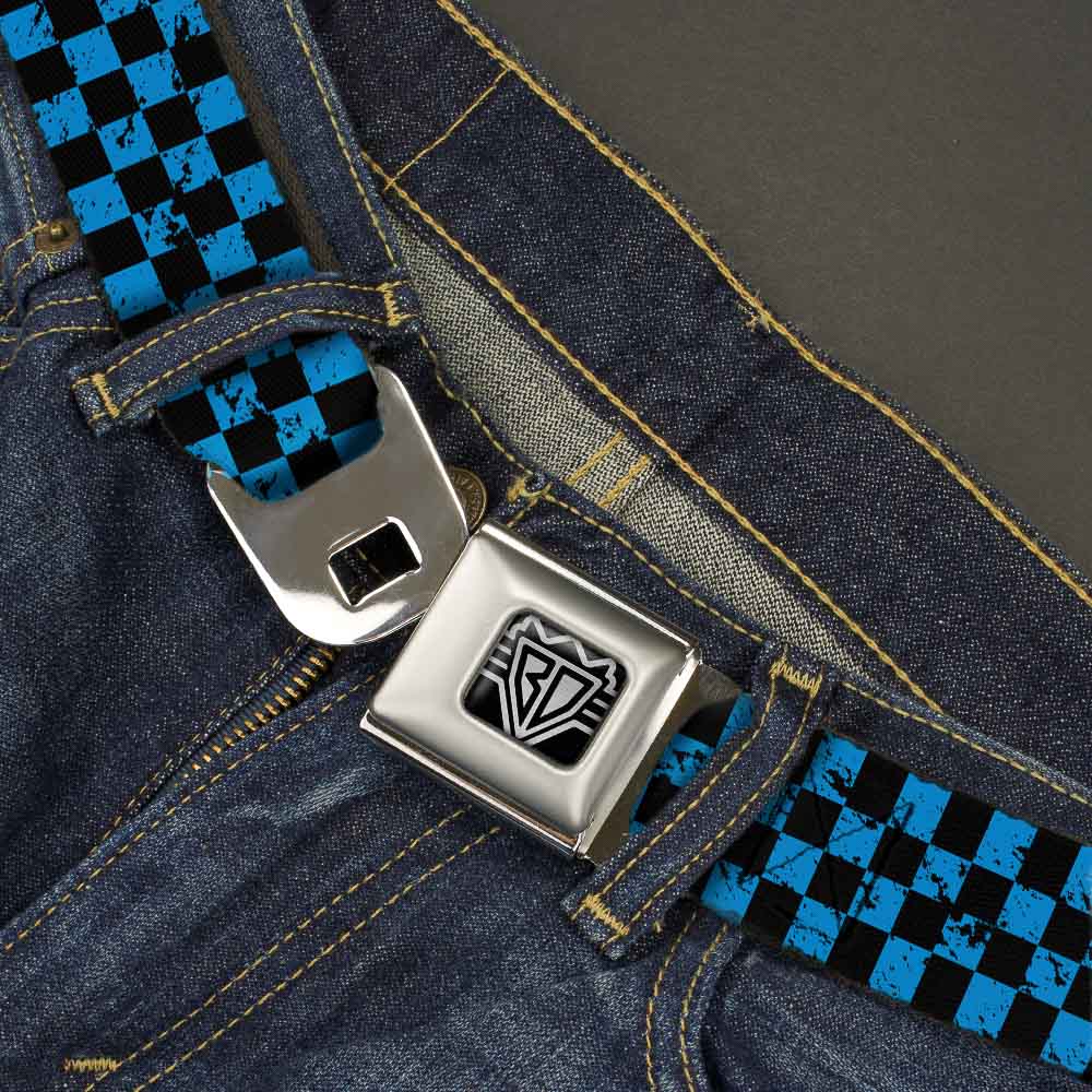 BD Wings Logo CLOSE-UP Full Color Black Silver Seatbelt Belt - Checker Weathered Black/Turquoise Webbing Seatbelt Belts Buckle-Down