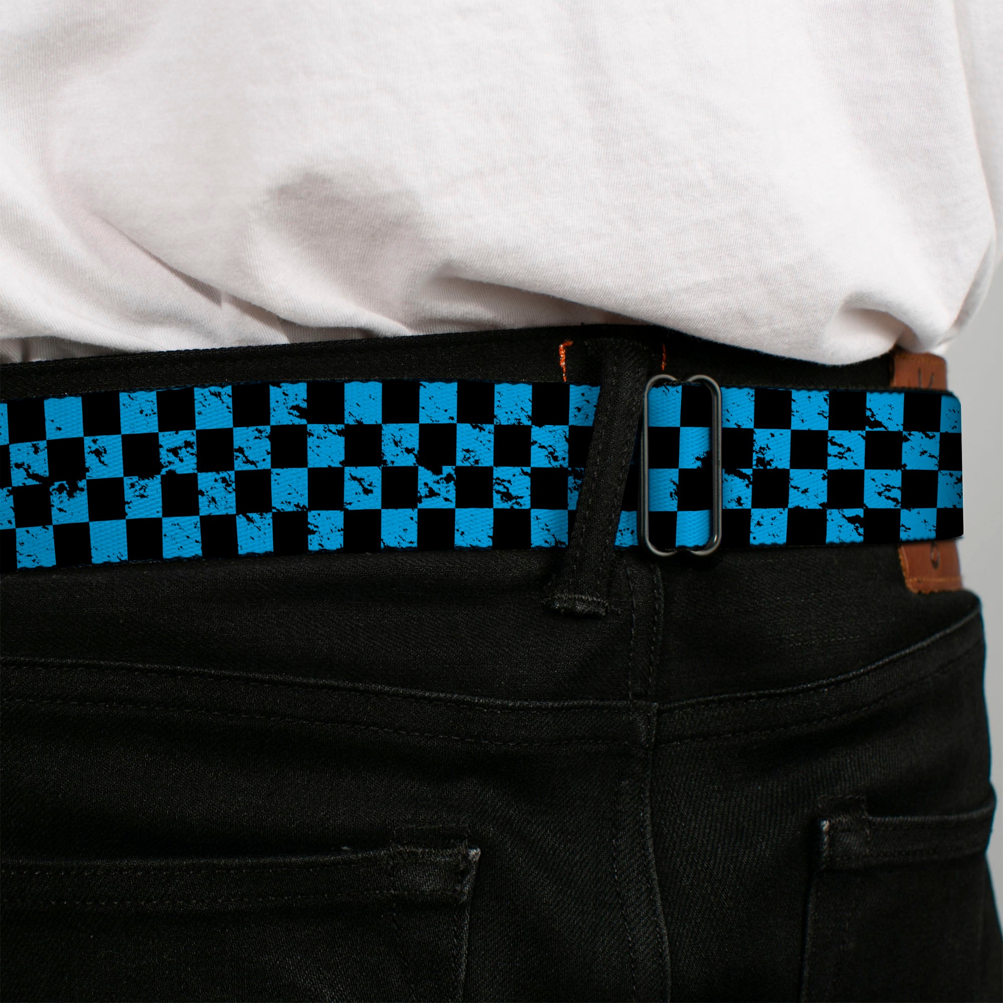 BD Wings Logo CLOSE-UP Full Color Black Silver Seatbelt Belt - Checker Weathered Black/Turquoise Webbing Seatbelt Belts Buckle-Down