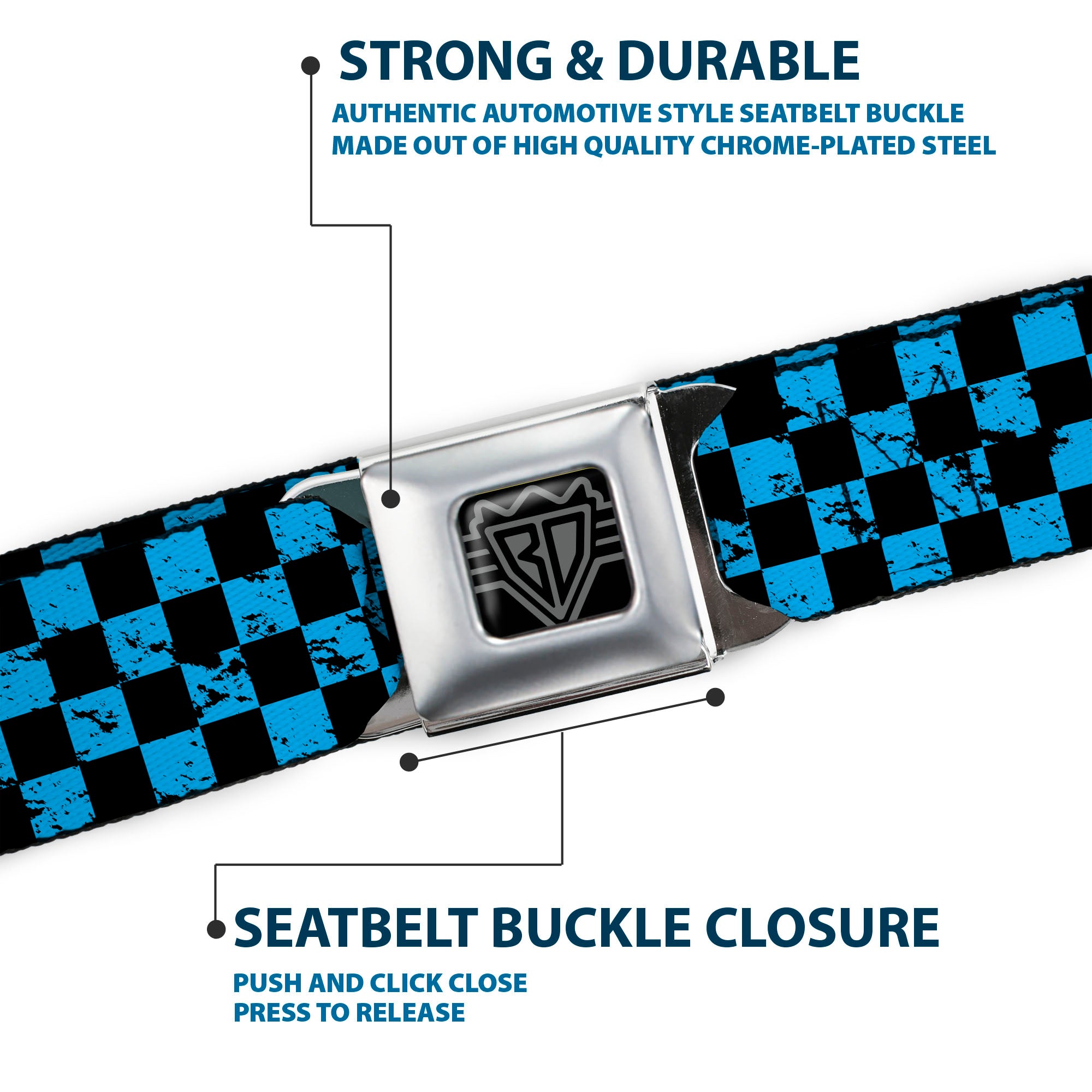 BD Wings Logo CLOSE-UP Full Color Black Silver Seatbelt Belt - Checker Weathered Black/Turquoise Webbing Seatbelt Belts Buckle-Down
