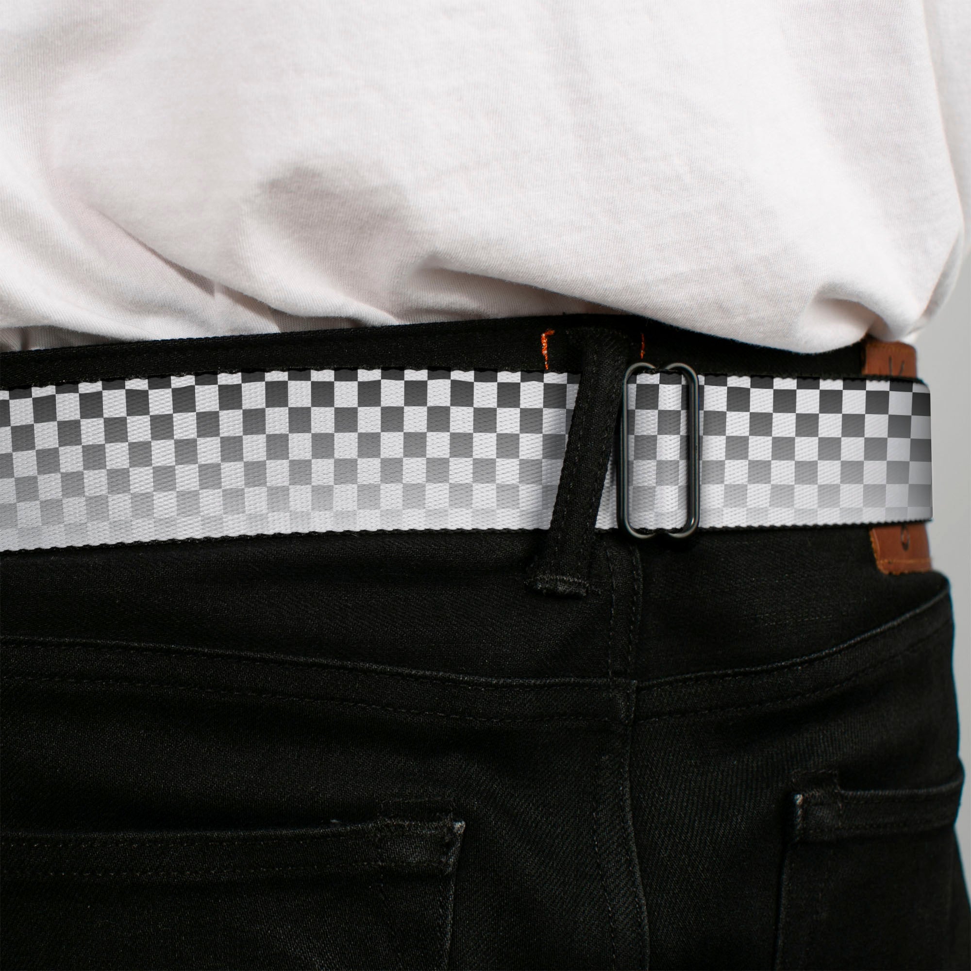 BD Wings Logo CLOSE-UP Full Color Black Silver Seatbelt Belt - Checker Black/White Fade Out Webbing Seatbelt Belts Buckle-Down