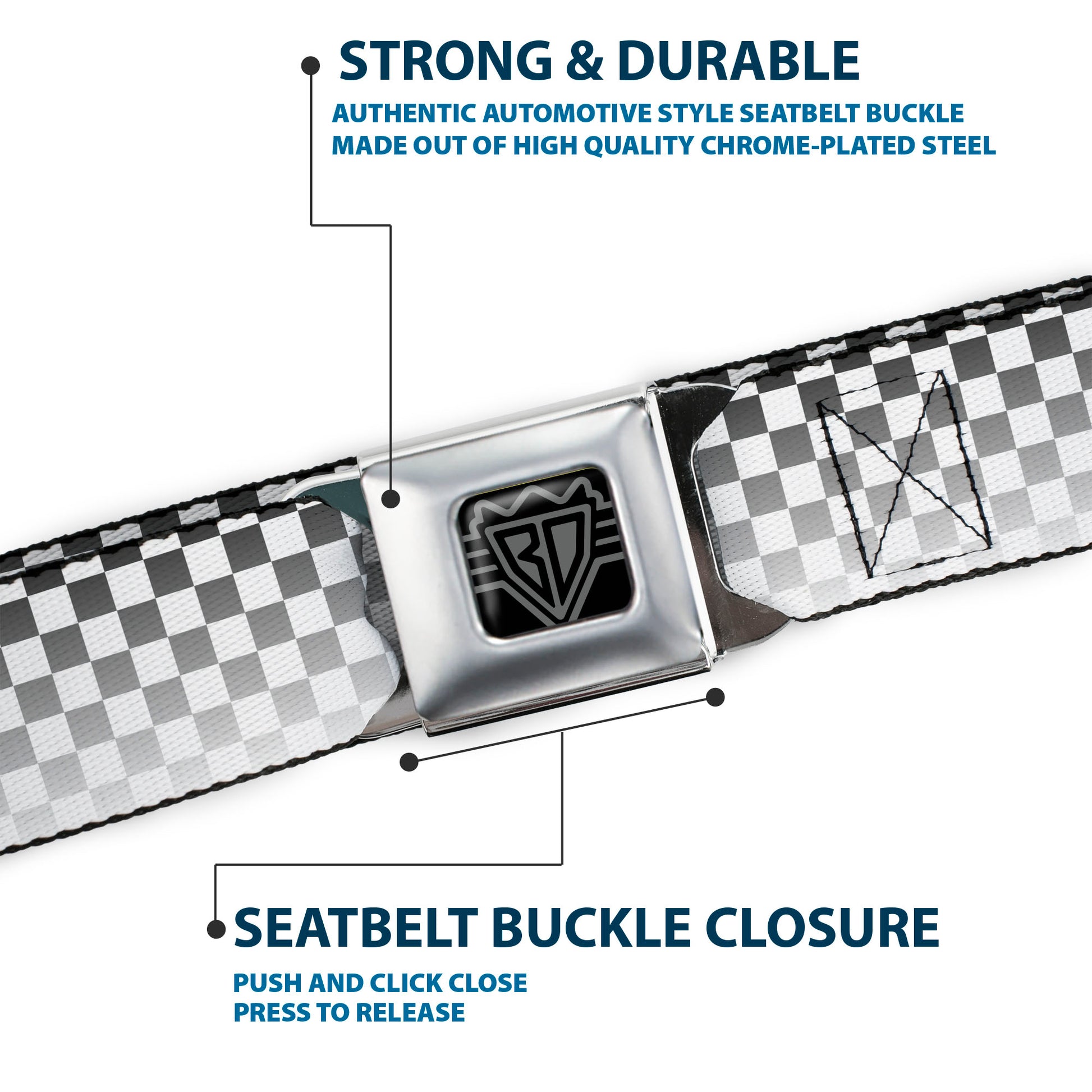 BD Wings Logo CLOSE-UP Full Color Black Silver Seatbelt Belt - Checker Black/White Fade Out Webbing Seatbelt Belts Buckle-Down