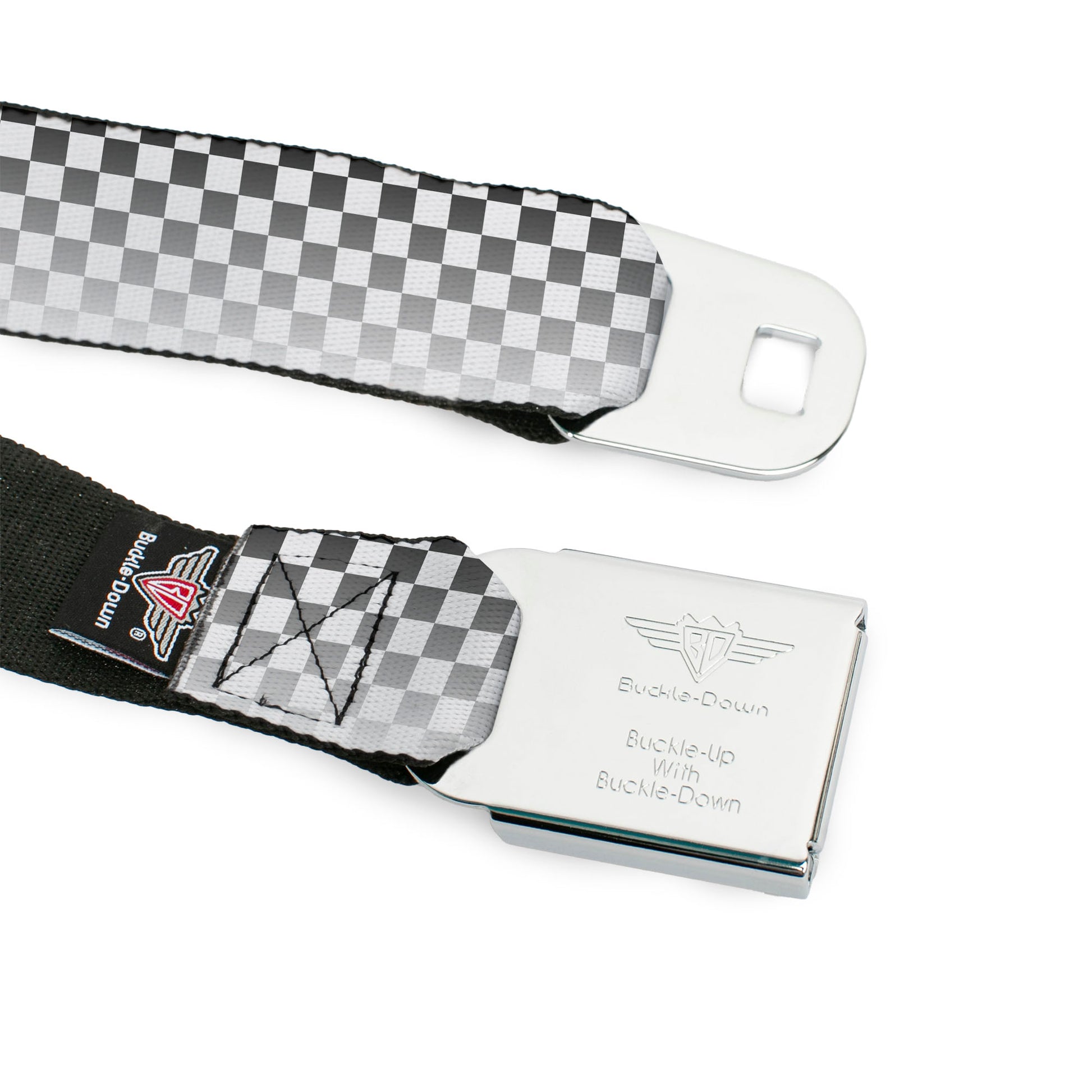 BD Wings Logo CLOSE-UP Full Color Black Silver Seatbelt Belt - Checker Black/White Fade Out Webbing Seatbelt Belts Buckle-Down