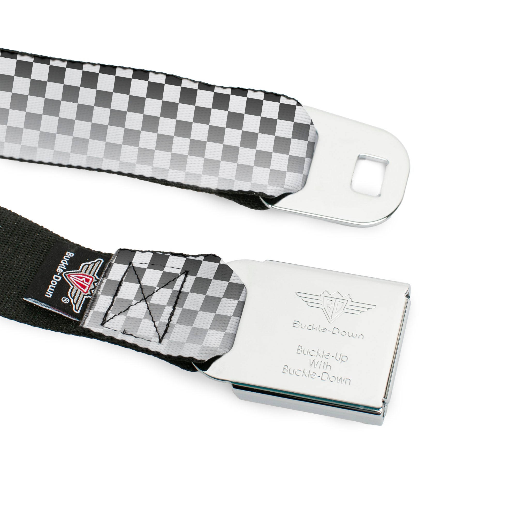 BD Wings Logo CLOSE-UP Full Color Black Silver Seatbelt Belt - Checker Black/White Fade Out Webbing Seatbelt Belts Buckle-Down