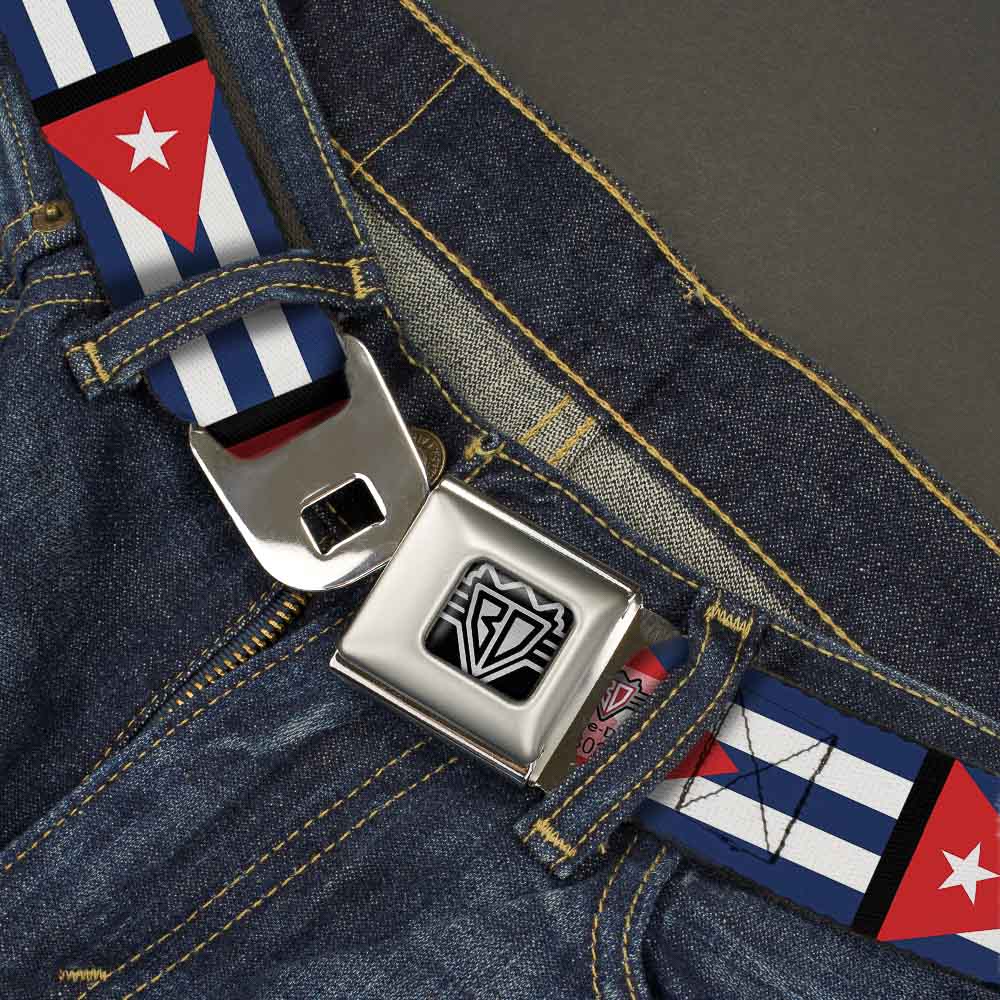 BD Wings Logo CLOSE-UP Full Color Black Silver Seatbelt Belt - Cuba Flags Webbing Seatbelt Belts Buckle-Down