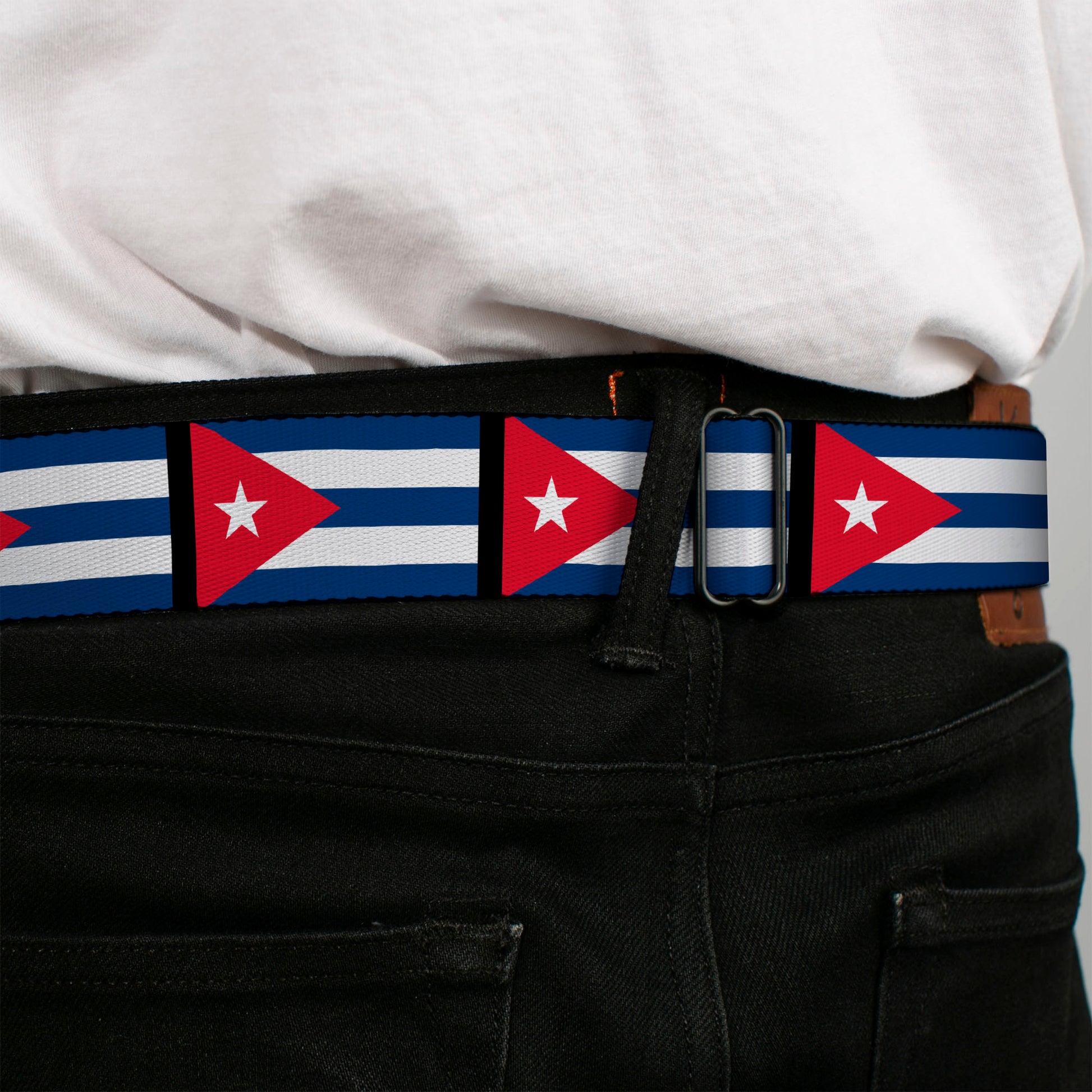 BD Wings Logo CLOSE-UP Full Color Black Silver Seatbelt Belt - Cuba Flags Webbing Seatbelt Belts Buckle-Down