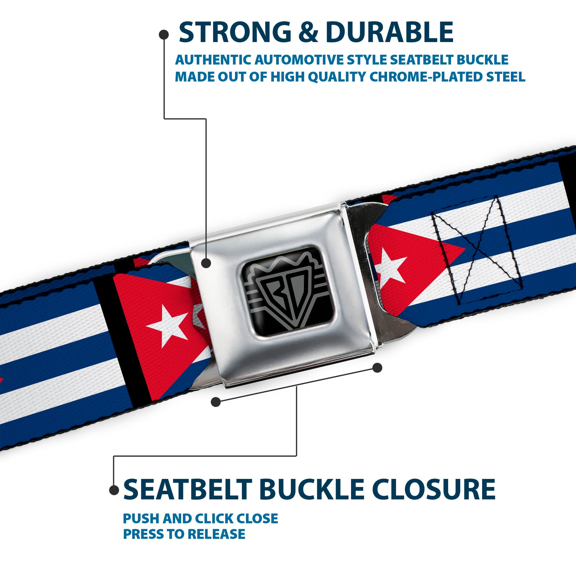 BD Wings Logo CLOSE-UP Full Color Black Silver Seatbelt Belt - Cuba Flags Webbing Seatbelt Belts Buckle-Down