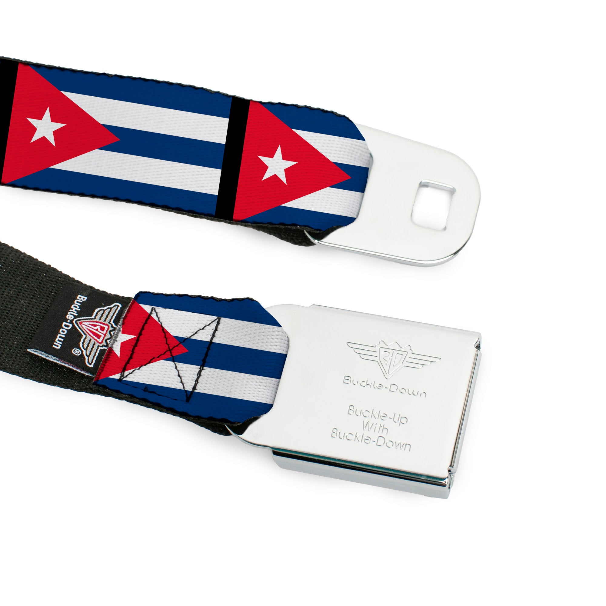 BD Wings Logo CLOSE-UP Full Color Black Silver Seatbelt Belt - Cuba Flags Webbing Seatbelt Belts Buckle-Down