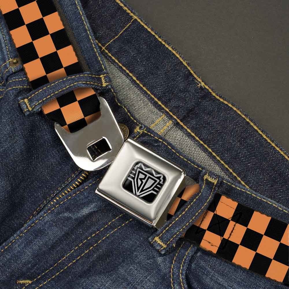 BD Wings Logo CLOSE-UP Full Color Black Silver Seatbelt Belt - Checker Orange/Blue Webbing Seatbelt Belts Buckle-Down