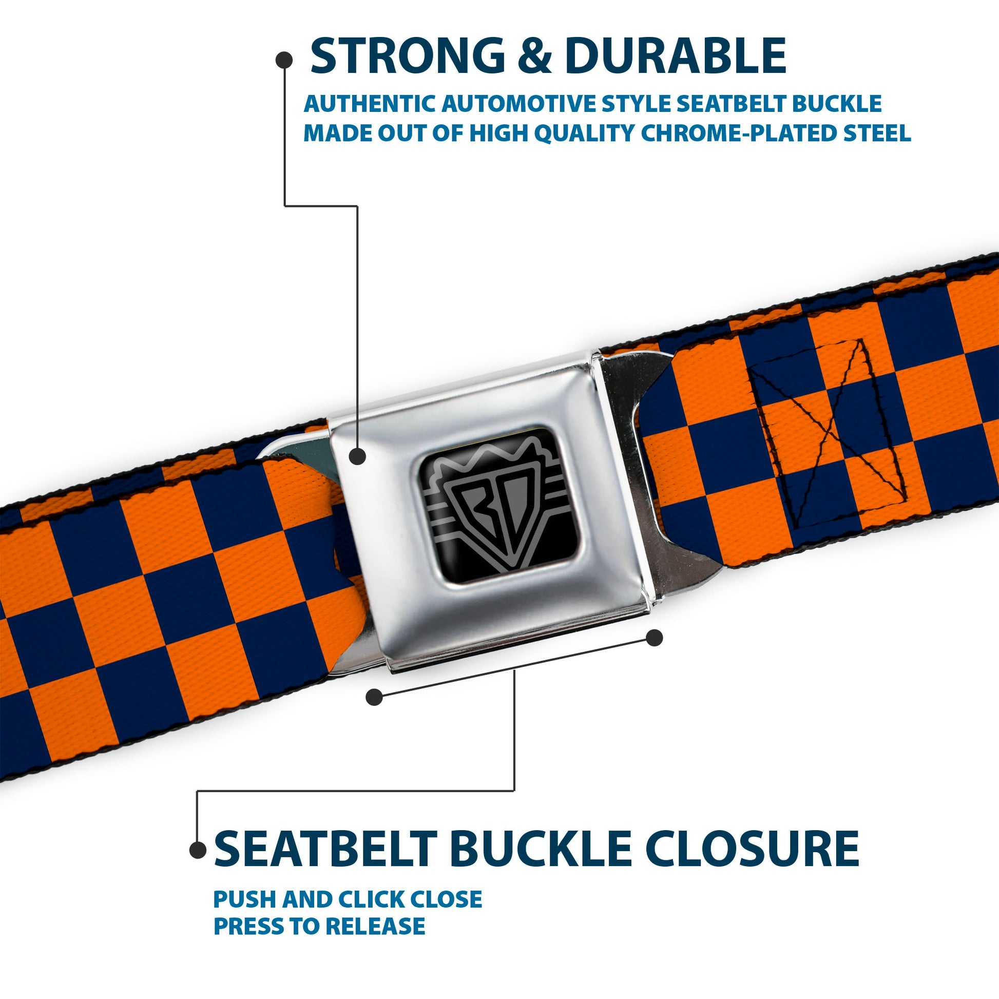 BD Wings Logo CLOSE-UP Full Color Black Silver Seatbelt Belt - Checker Orange/Blue Webbing Seatbelt Belts Buckle-Down