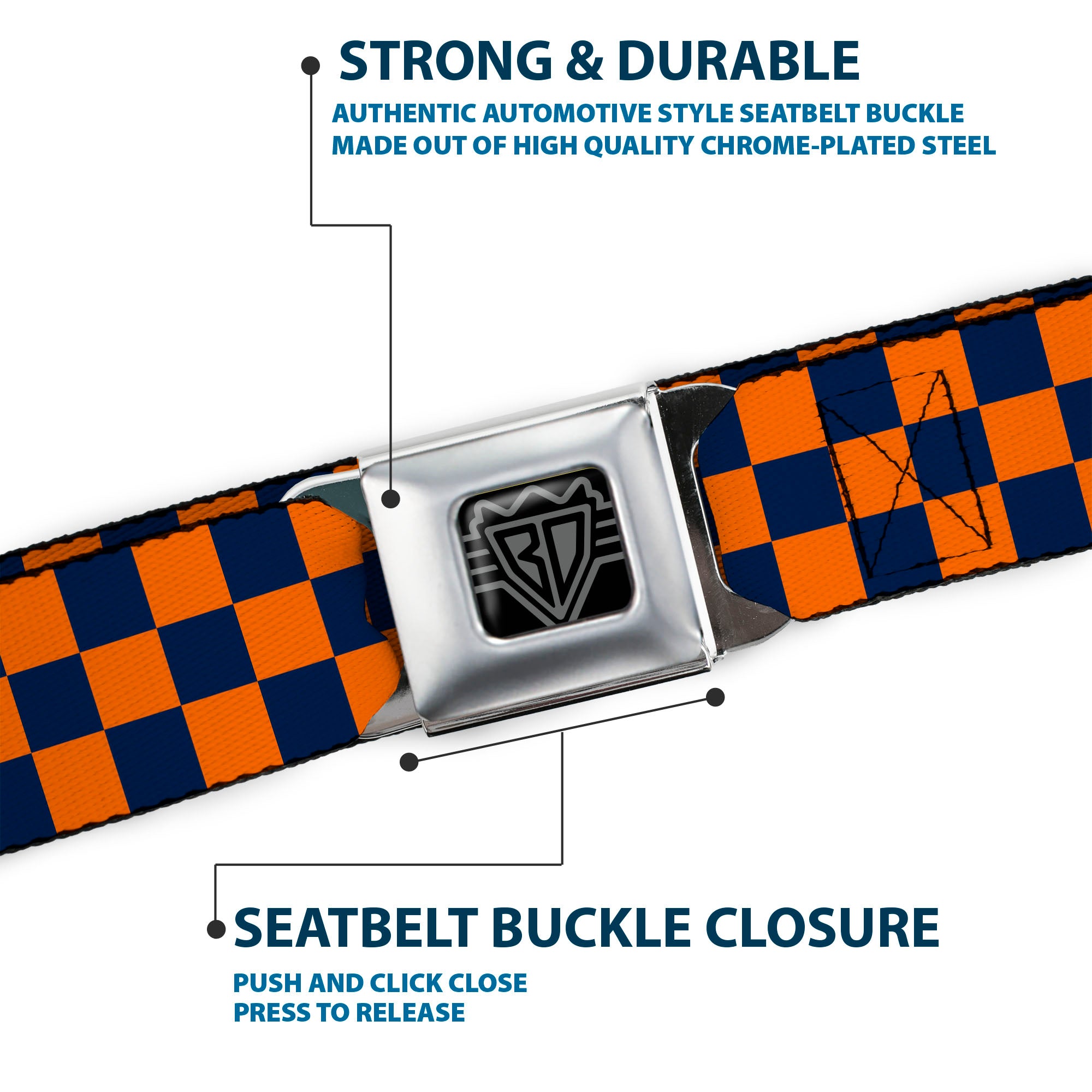 BD Wings Logo CLOSE-UP Full Color Black Silver Seatbelt Belt - Checker Orange/Blue Webbing Seatbelt Belts Buckle-Down