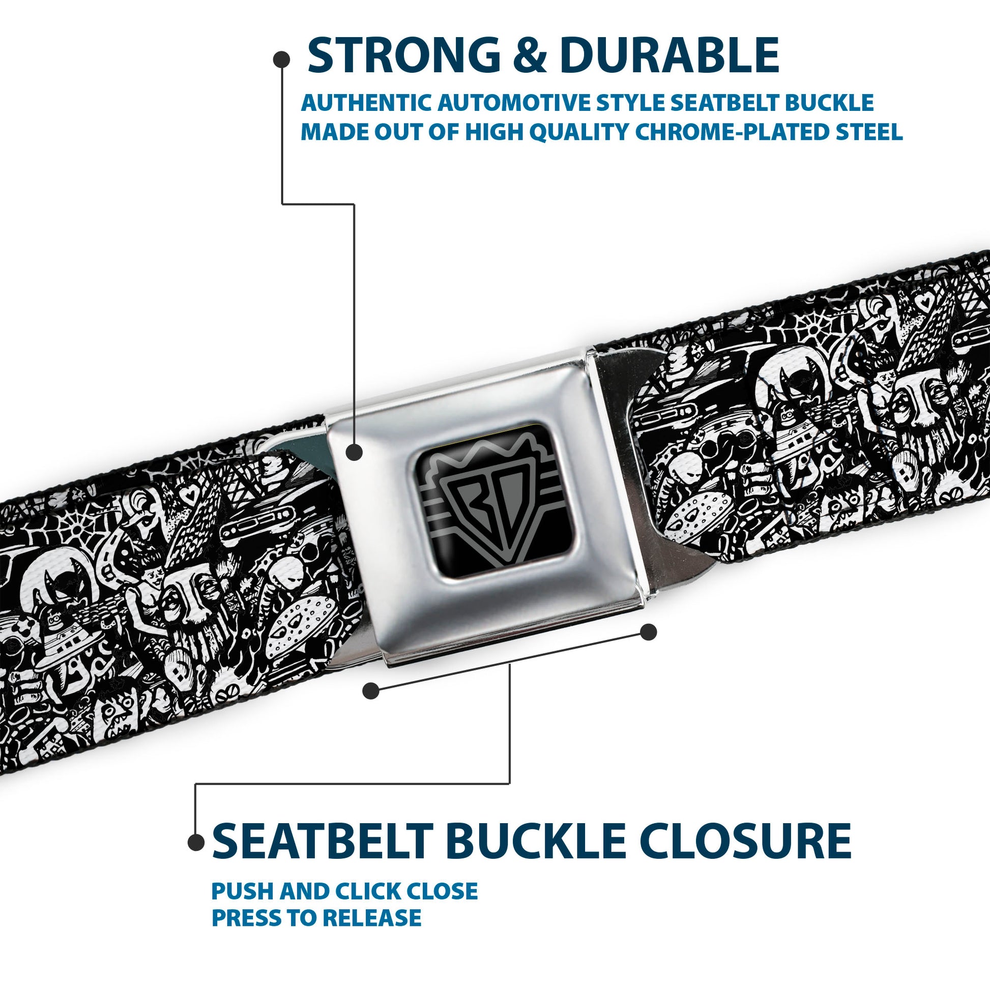 BD Wings Logo CLOSE-UP Full Color Black Silver Seatbelt Belt - Comic Nightmare Webbing Seatbelt Belts Buckle-Down