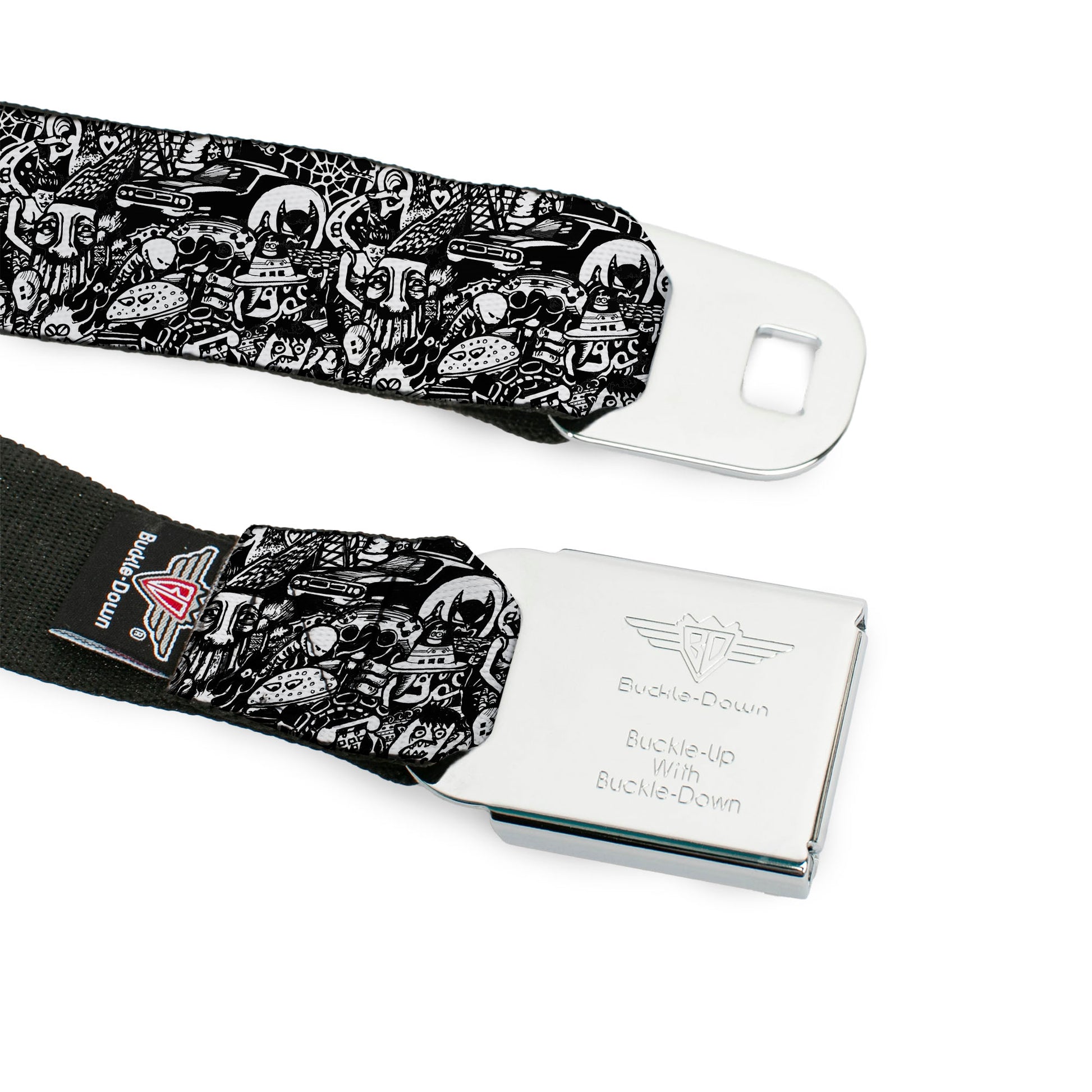 BD Wings Logo CLOSE-UP Full Color Black Silver Seatbelt Belt - Comic Nightmare Webbing Seatbelt Belts Buckle-Down