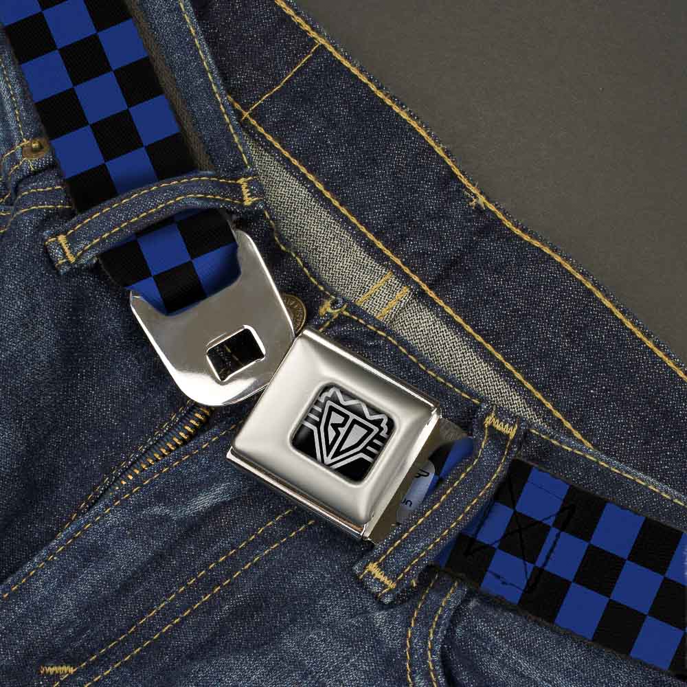 BD Wings Logo CLOSE-UP Full Color Black Silver Seatbelt Belt - Checker Black/Royal 288C Webbing Seatbelt Belts Buckle-Down