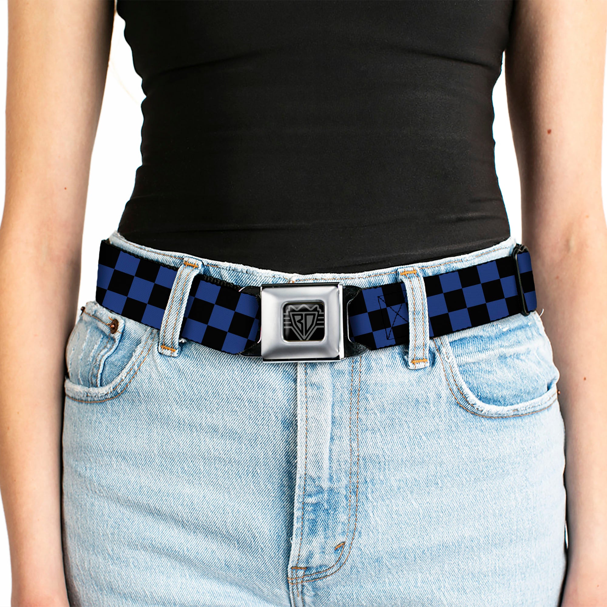 BD Wings Logo CLOSE-UP Full Color Black Silver Seatbelt Belt - Checker Black/Royal 288C Webbing Seatbelt Belts Buckle-Down