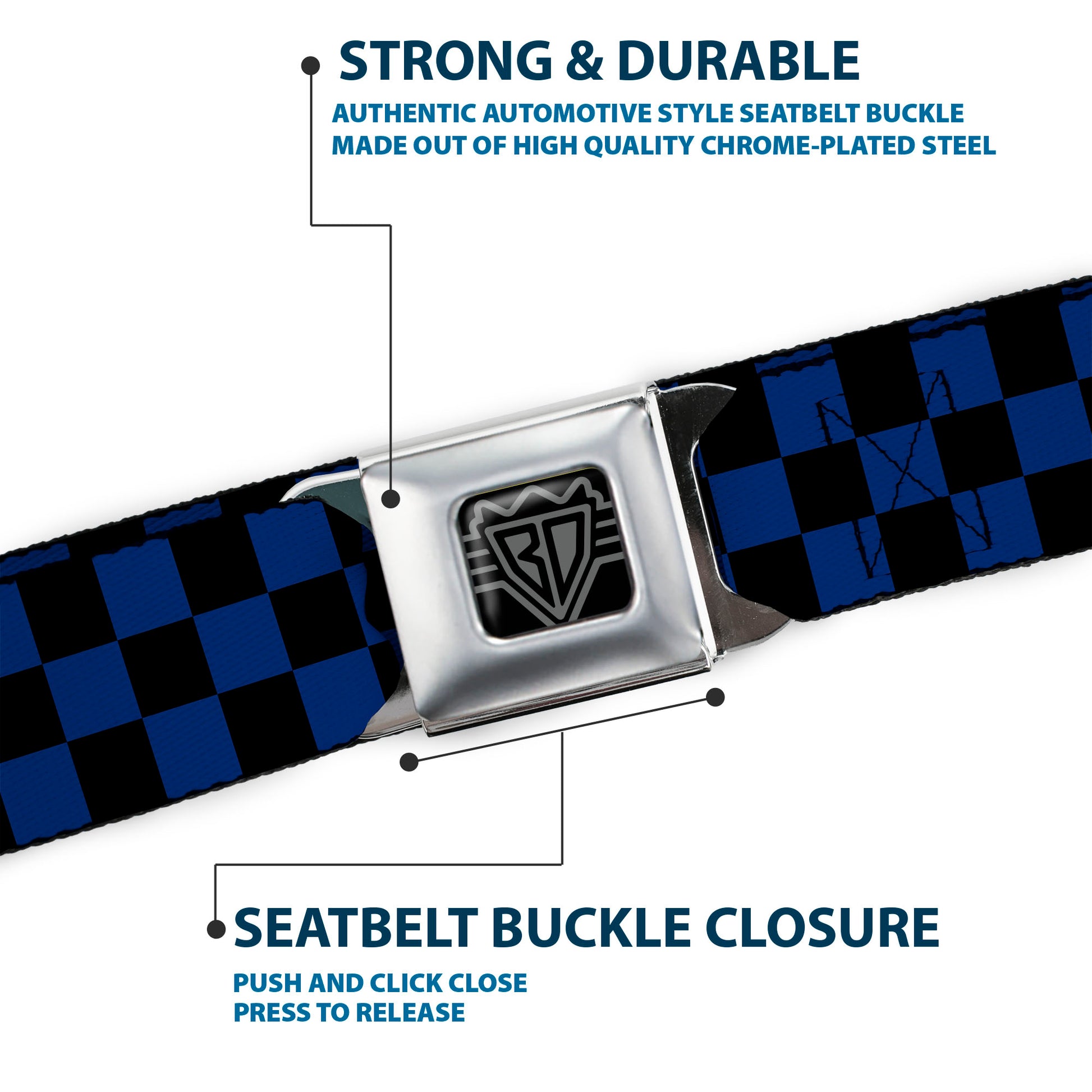 BD Wings Logo CLOSE-UP Full Color Black Silver Seatbelt Belt - Checker Black/Royal 288C Webbing Seatbelt Belts Buckle-Down