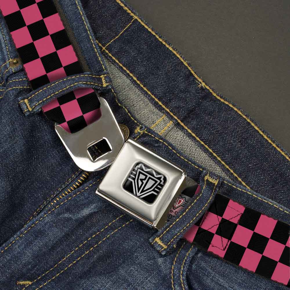 BD Wings Logo CLOSE-UP Full Color Black Silver Seatbelt Belt - Checker Black/Honeysuckle Red Webbing Seatbelt Belts Buckle-Down