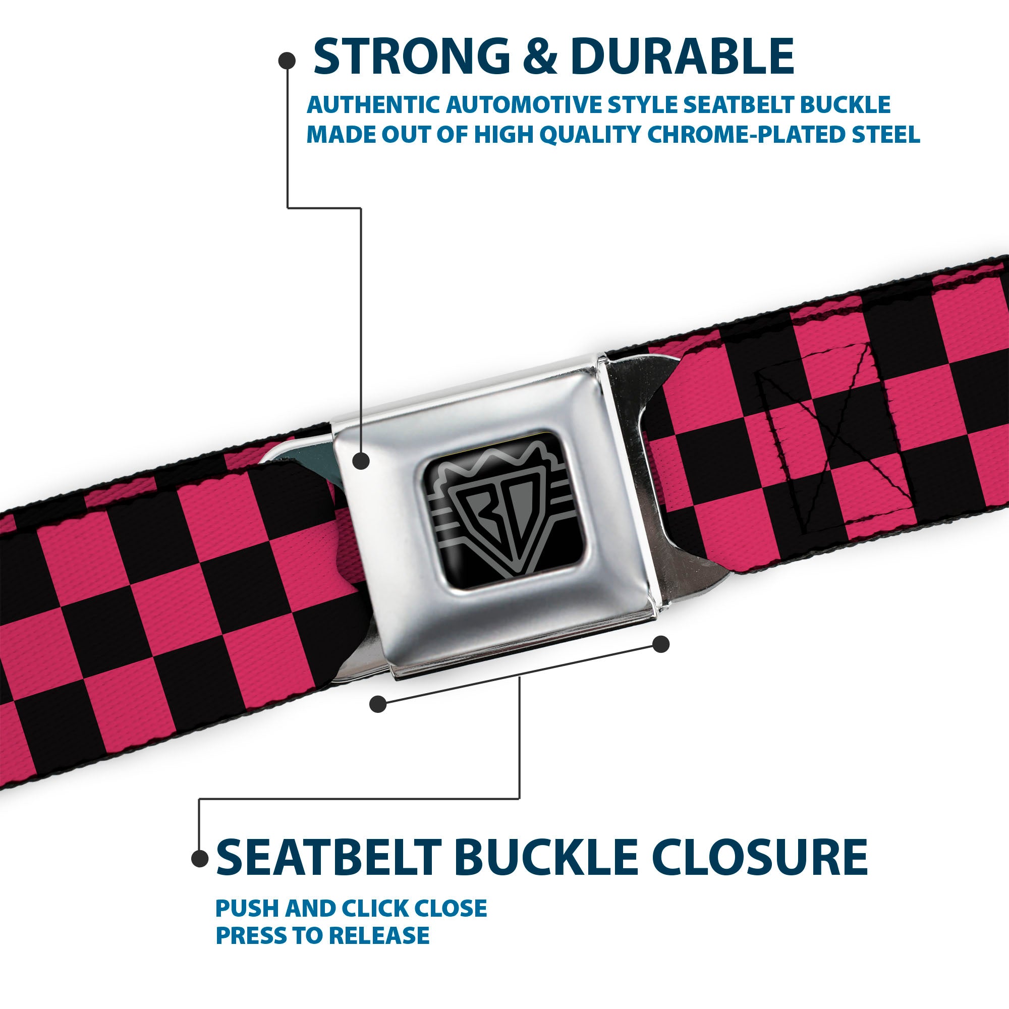 BD Wings Logo CLOSE-UP Full Color Black Silver Seatbelt Belt - Checker Black/Honeysuckle Red Webbing Seatbelt Belts Buckle-Down