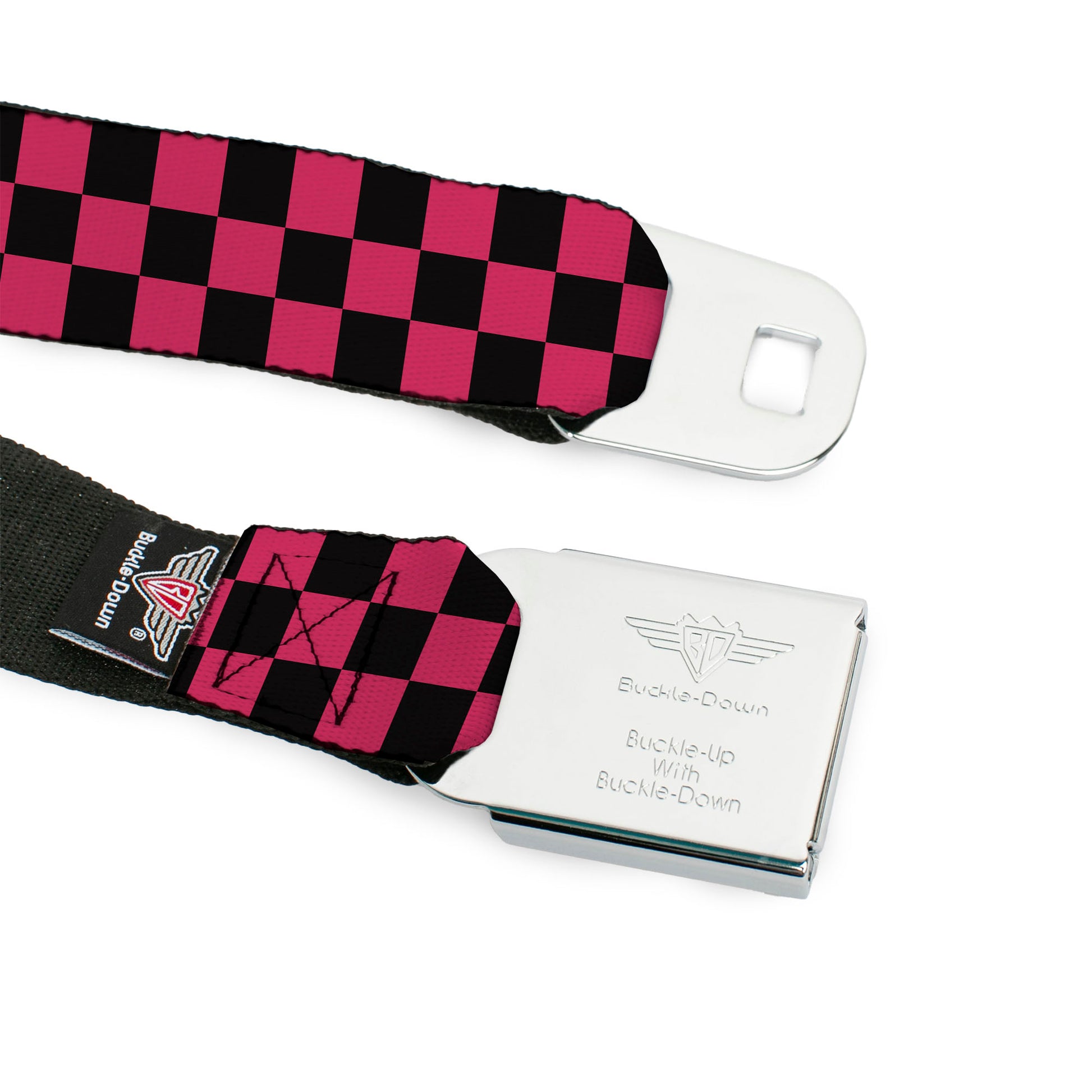 BD Wings Logo CLOSE-UP Full Color Black Silver Seatbelt Belt - Checker Black/Honeysuckle Red Webbing Seatbelt Belts Buckle-Down