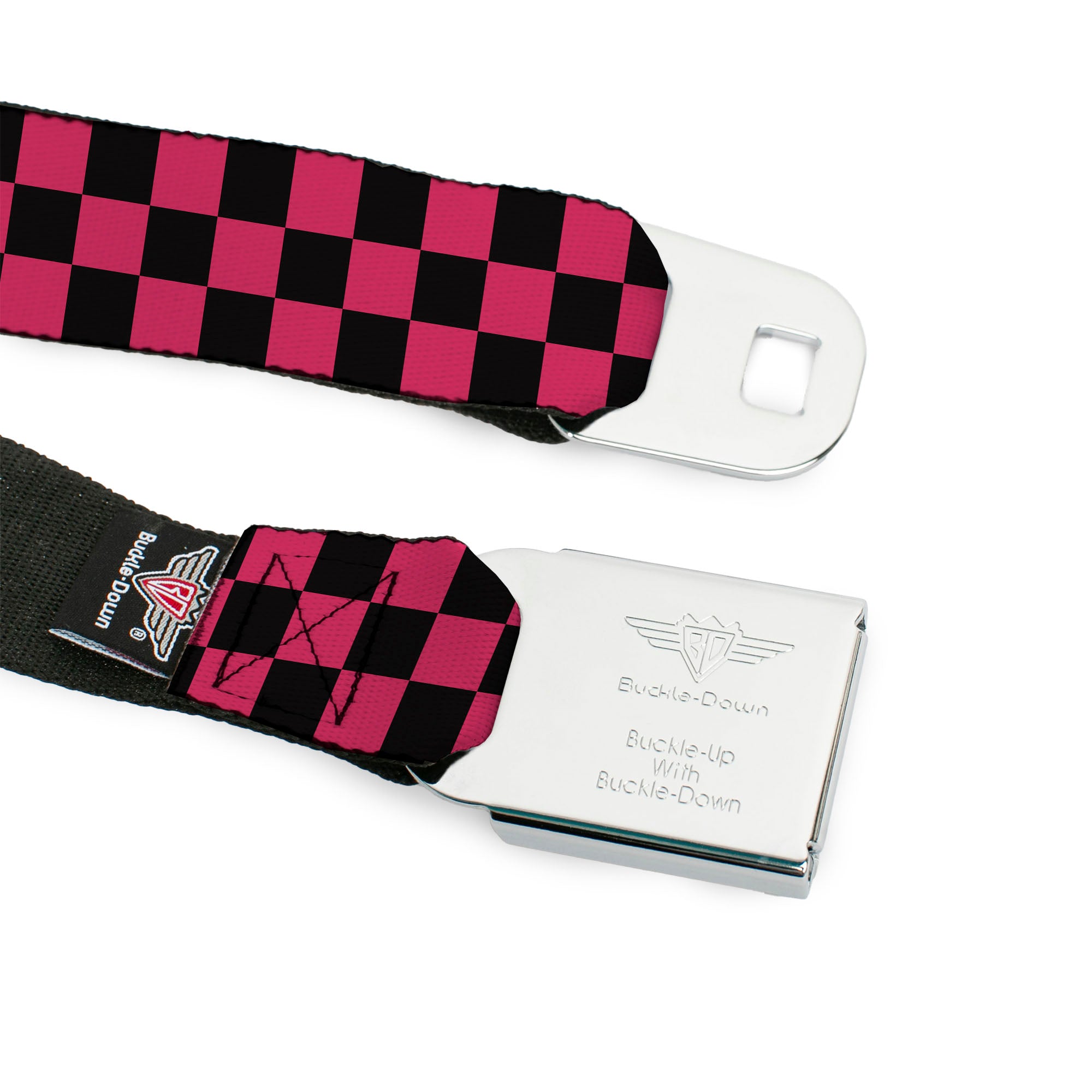 BD Wings Logo CLOSE-UP Full Color Black Silver Seatbelt Belt - Checker Black/Honeysuckle Red Webbing Seatbelt Belts Buckle-Down