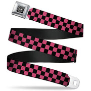 BD Wings Logo CLOSE-UP Full Color Black Silver Seatbelt Belt - Checker Black/Honeysuckle Red Webbing Seatbelt Belts Buckle-Down