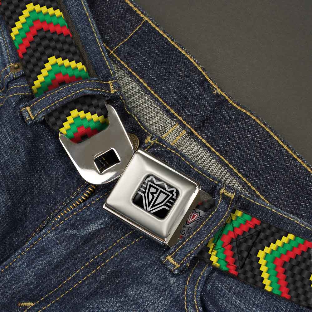 BD Wings Logo CLOSE-UP Full Color Black Silver Seatbelt Belt - Chevron Weave Black/Rasta Webbing Seatbelt Belts Buckle-Down