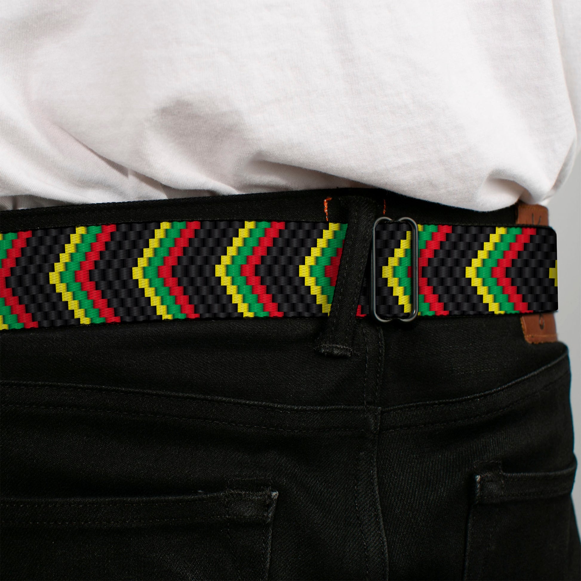BD Wings Logo CLOSE-UP Full Color Black Silver Seatbelt Belt - Chevron Weave Black/Rasta Webbing Seatbelt Belts Buckle-Down