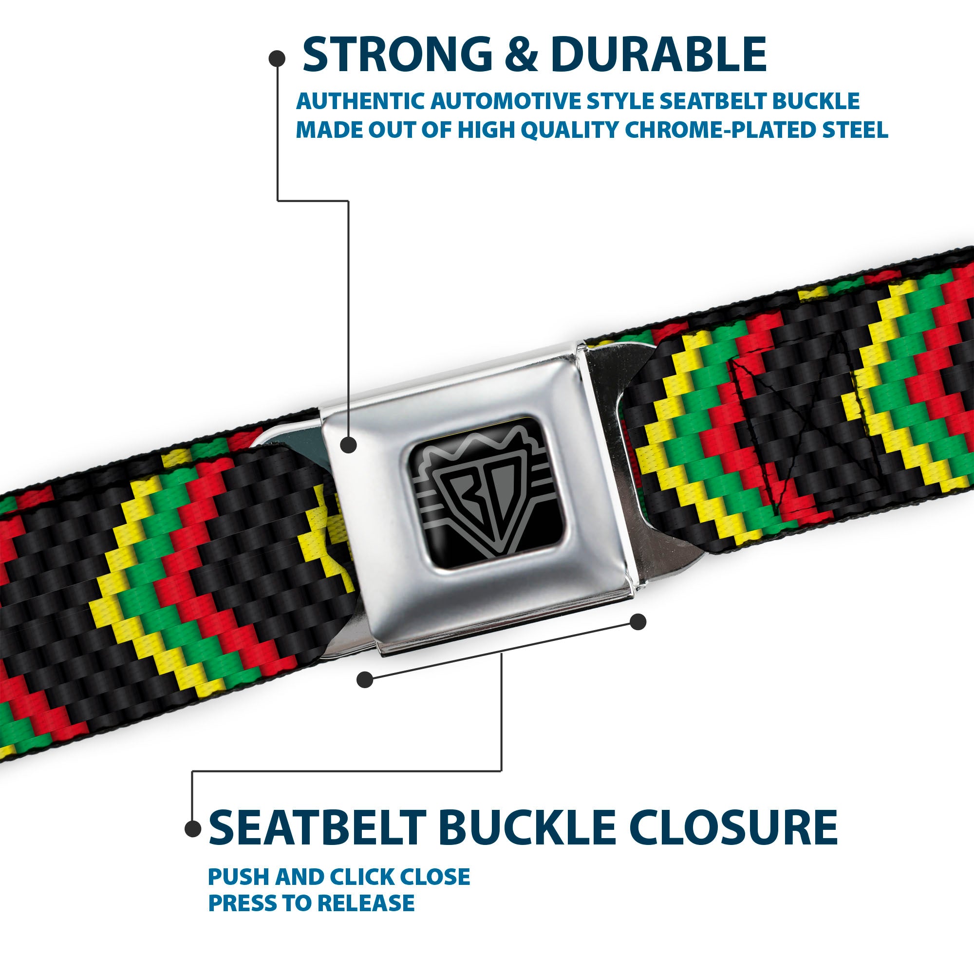 BD Wings Logo CLOSE-UP Full Color Black Silver Seatbelt Belt - Chevron Weave Black/Rasta Webbing Seatbelt Belts Buckle-Down