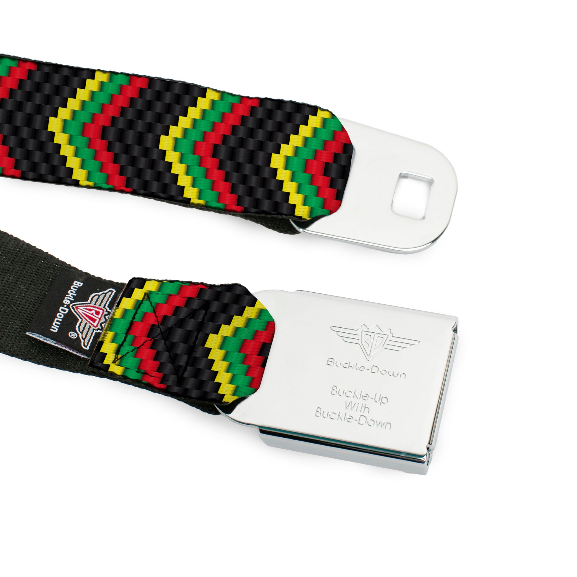 BD Wings Logo CLOSE-UP Full Color Black Silver Seatbelt Belt - Chevron Weave Black/Rasta Webbing Seatbelt Belts Buckle-Down
