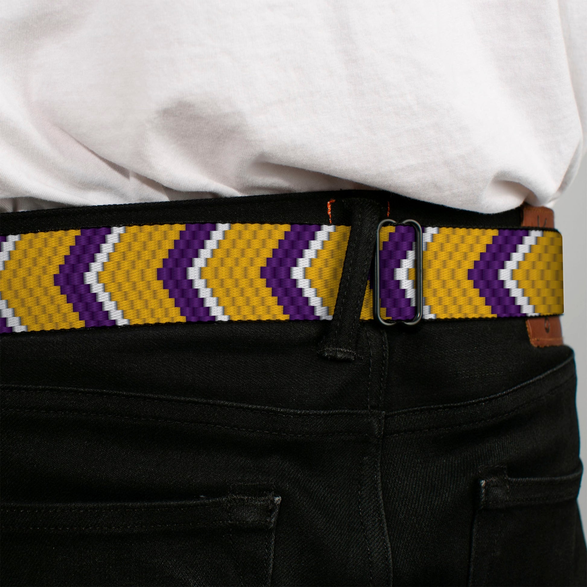 BD Wings Logo CLOSE-UP Full Color Black Silver Seatbelt Belt - Chevron Weave Gold/Purple/White Webbing Seatbelt Belts Buckle-Down