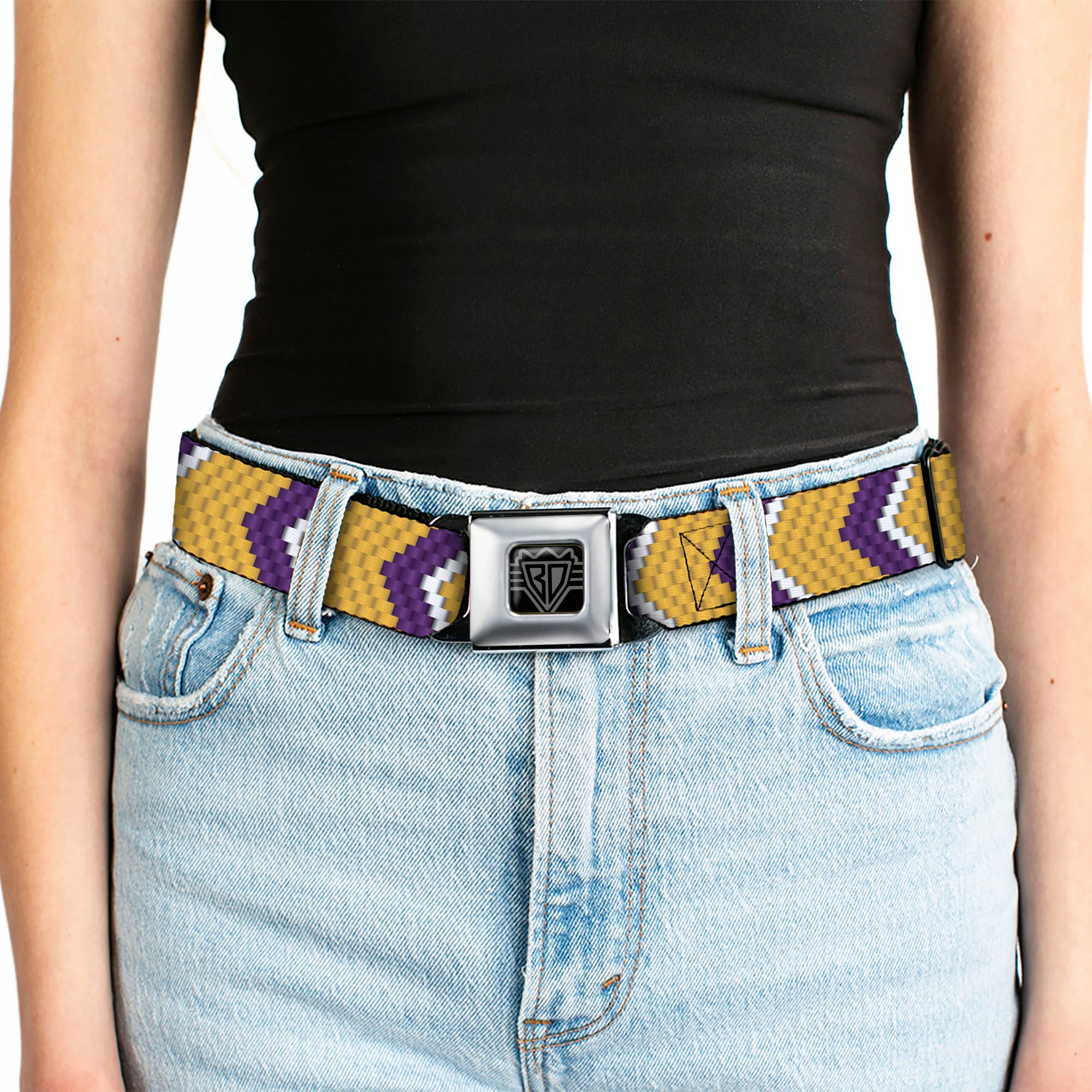 BD Wings Logo CLOSE-UP Full Color Black Silver Seatbelt Belt - Chevron Weave Gold/Purple/White Webbing Seatbelt Belts Buckle-Down